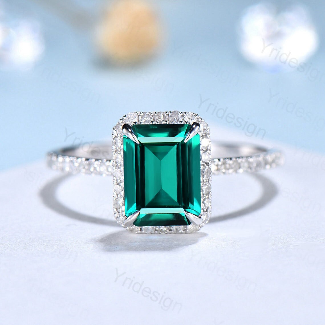 2CT Emerald Cut Emerald & Halo Diamond Engagement Ring Set in Solid White Gold - Wedding, Anniversary, Promise Ring for Bridal Gifts & Special Occasions