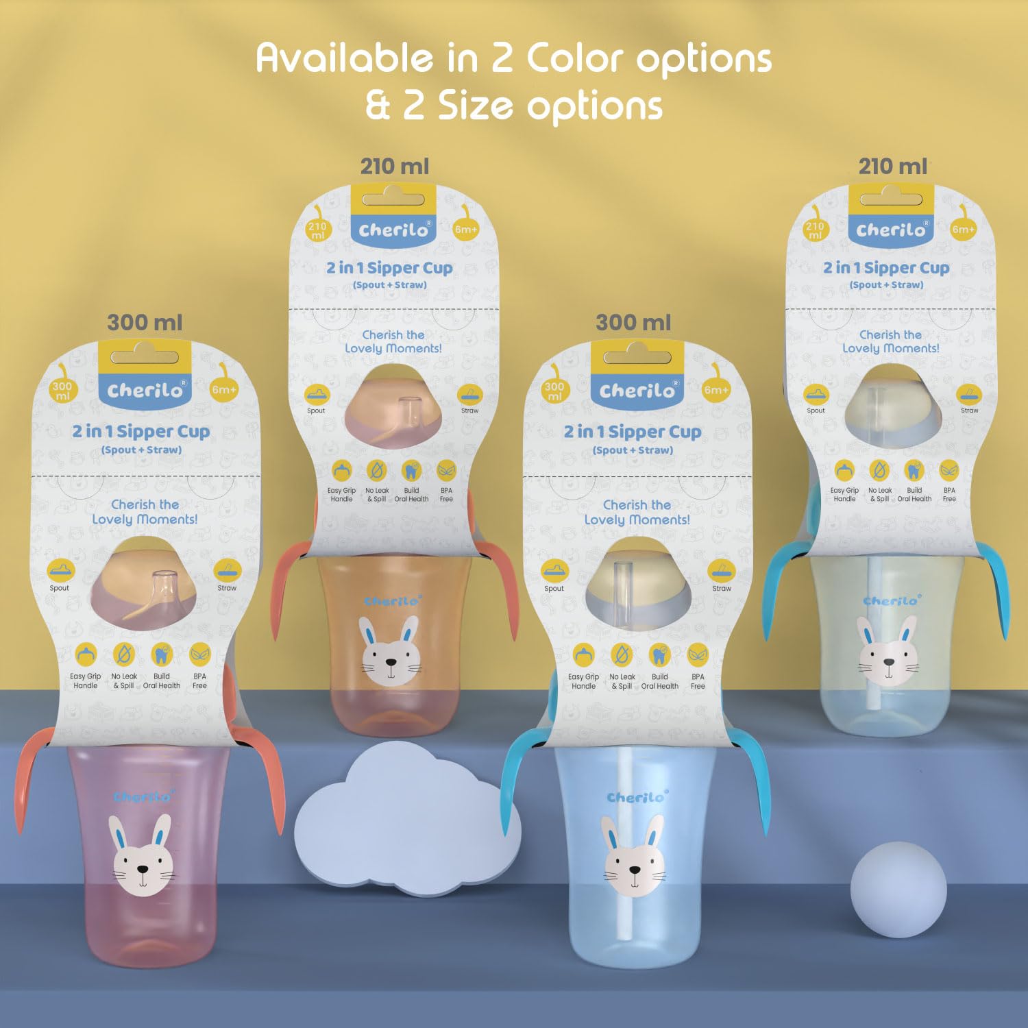 Cherilo Little Bunny Baby Sippy Cup - Leak Proof Training Cup for 6-12 Month Olds - Soft Silicone Spout & Straw with Handles - BPA Free Non-Toxic Baby Water Bottle (210ml, Blue) - Perfect for Daycare, Travel & Learning to Drink Independently