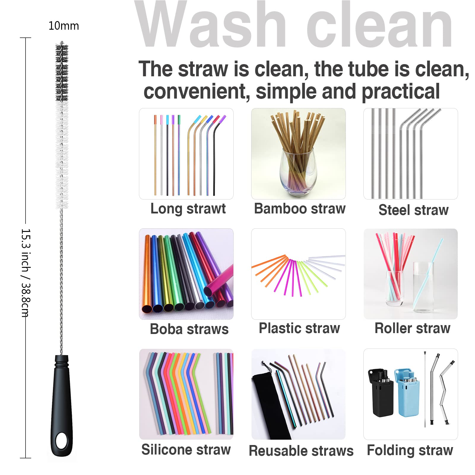 5-Pack Multipurpose Bottle Cleaning Brushes Set - Long Handle Brush for Wine, Beer, Thermos, S'Well & Sports Water Bottles - Includes Kettle Spout Brush and Straw Cleaner (Black) - Perfect for Home, Kitchen, Camping and Office Use