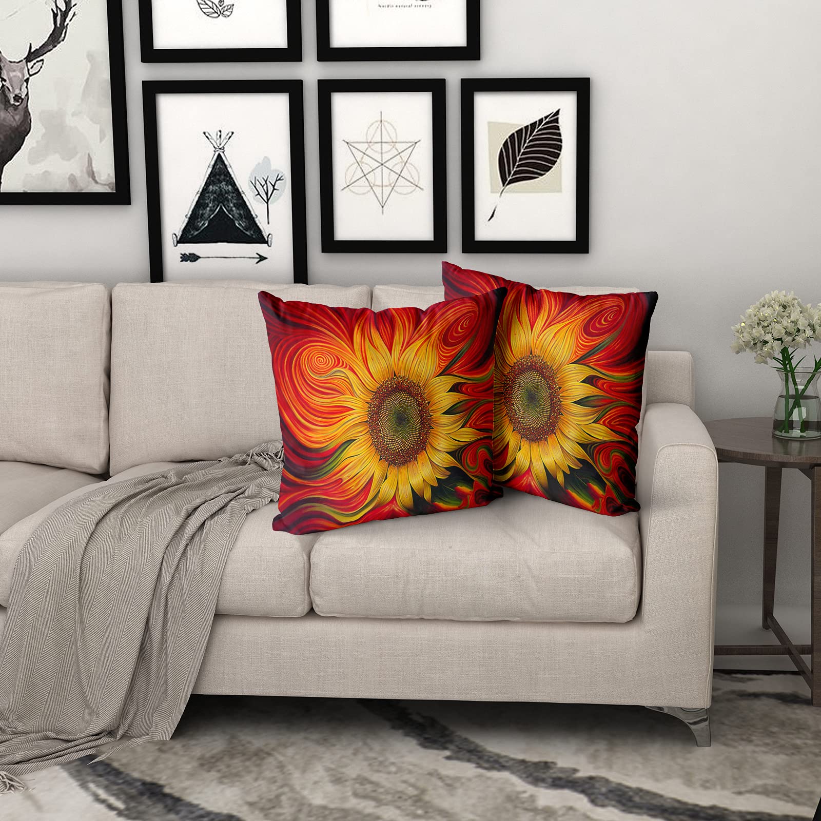Sunflower Pillow Covers 18x18 Inch Set of 2 - Decorative Floral Throw Pillow Cases for Sofa, Couch & Bed - 100% Cotton Linen Blend Cushion Covers - Perfect for Living Room, Bedroom, Patio & Outdoor Decor