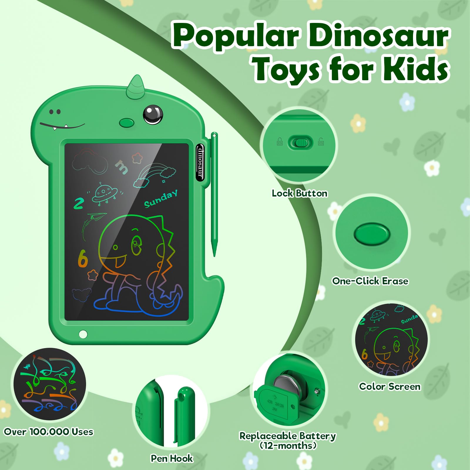 8.8 Inch LCD Writing Tablet for Kids - Doodle Board Drawing Pad for Boys & Girls Ages 3-8 | Dinosaur-Themed Educational Toy | Perfect Birthday & Christmas Gift (Green) - Ideal for Home, School & Travel Use