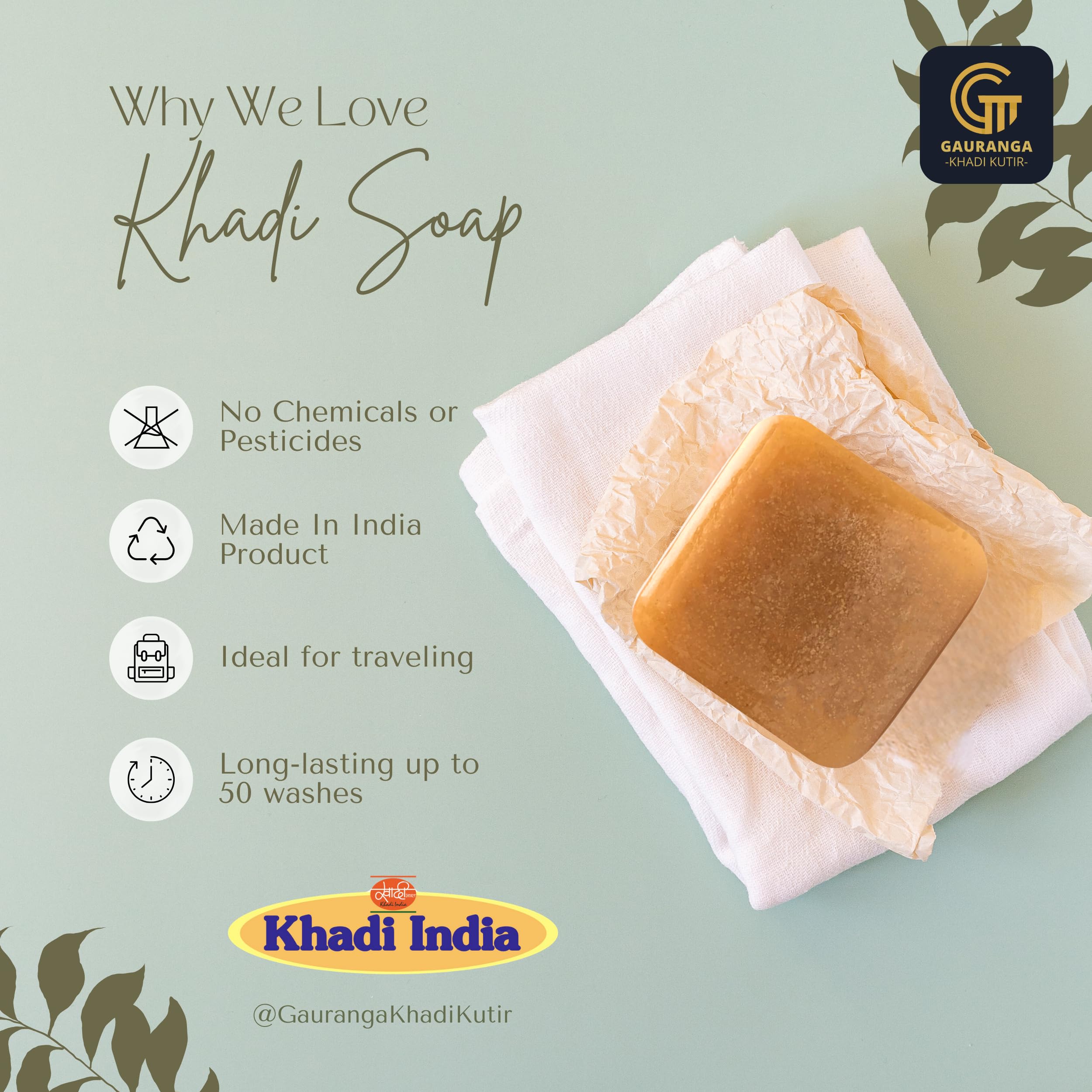 Gauranga Khadi Chandan Soap 150g - Premium Handmade Sandalwood Herbal Soap for Glowing Skin & Hydration | Natural Aroma & Gentle Cleansing | Men & Women Bath Soap with Soothing Fragrance | Perfect for Daily Skincare & Relaxing Bath Time