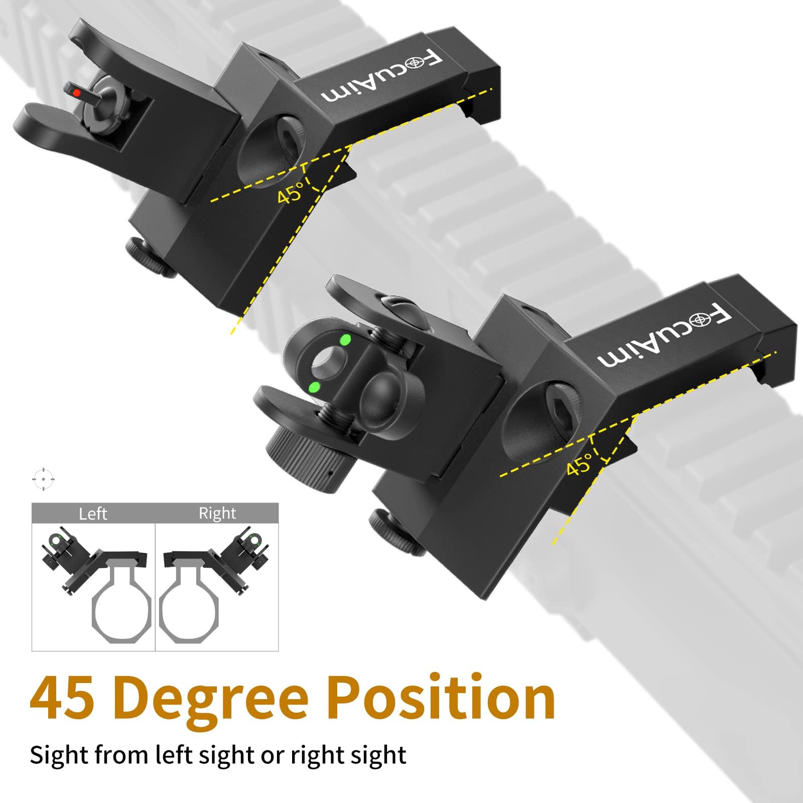 45 Degree Offset Iron Sights with Green/Red Fiber Optics - Flip Up Front & Rear Backup Sights for Picatinny Rail - Perfect for AR-15, Hunting & Tactical Shooting