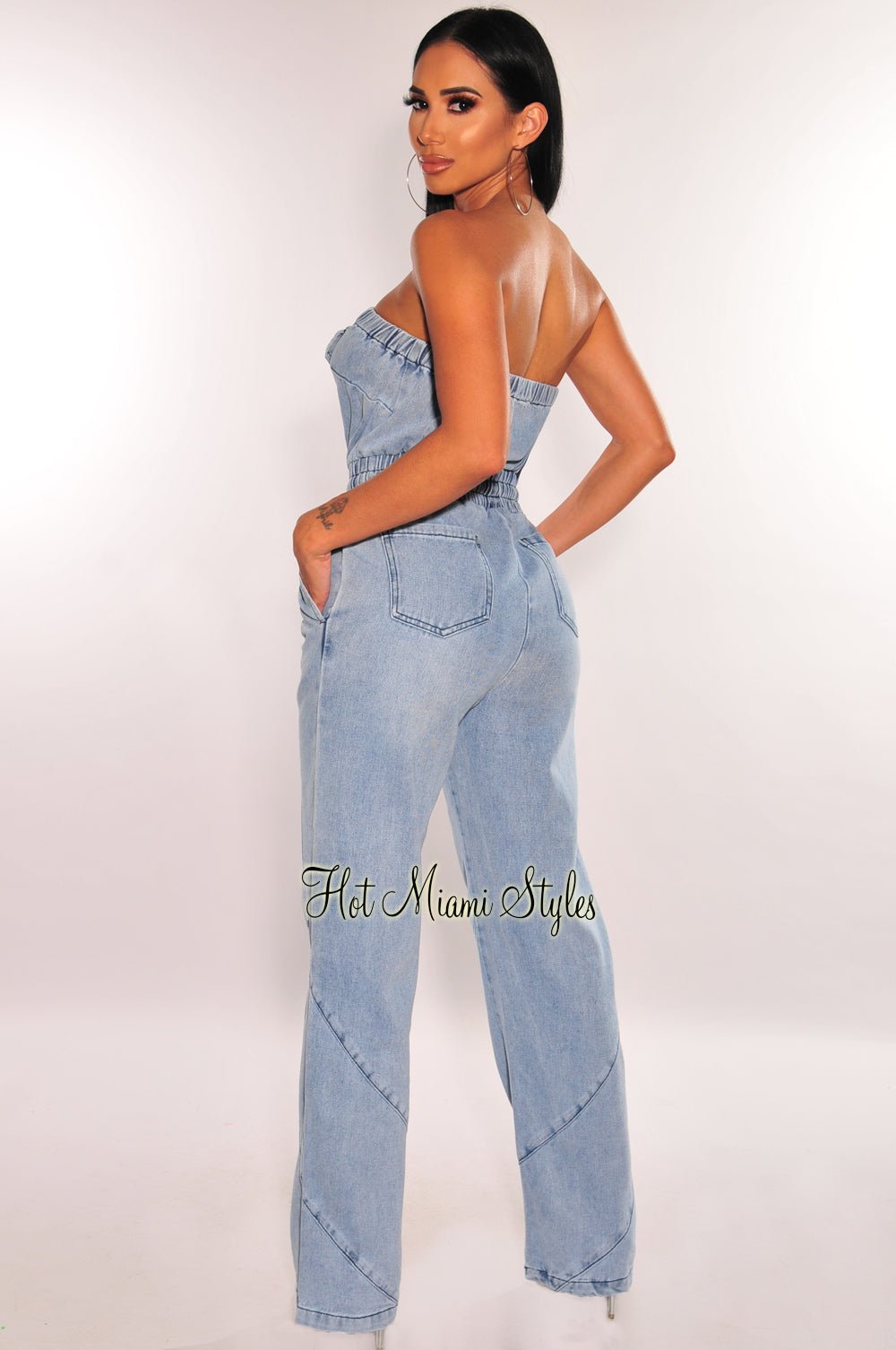 Strapless Denim Jumpsuit with Drawstring Waist & Wide Leg Design - Casual Chic Outfit for Summer, Beach, and Street Style Fashion