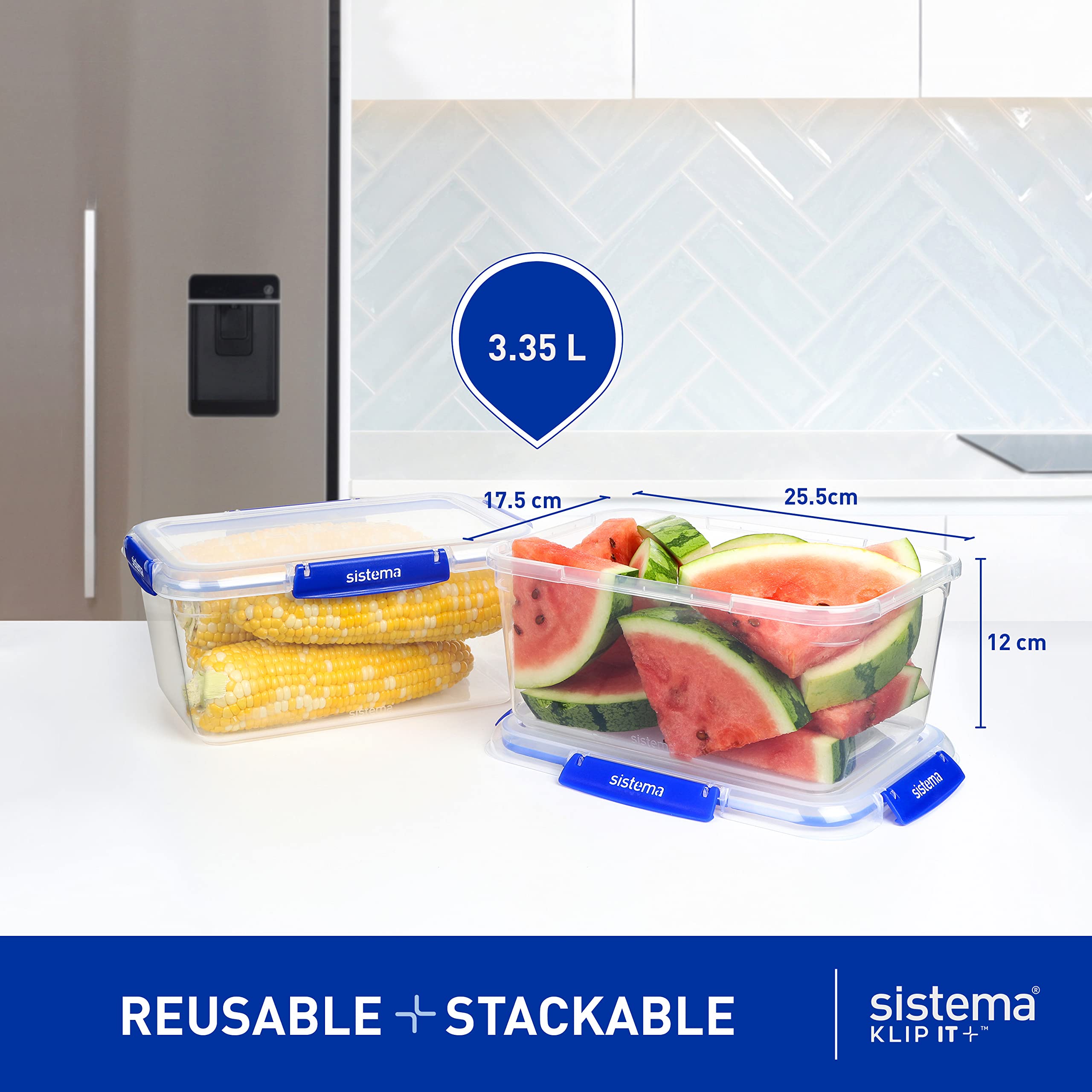 Sistema KLIP IT PLUS 3.35L Food Storage Containers Set of 3 | Leak-Proof, Stackable & Airtight Plastic Containers with Lids | BPA-Free Freezer & Fridge Safe | Blue Clips | Perfect for Meal Prep, Leftovers & Organizing Pantry Items
