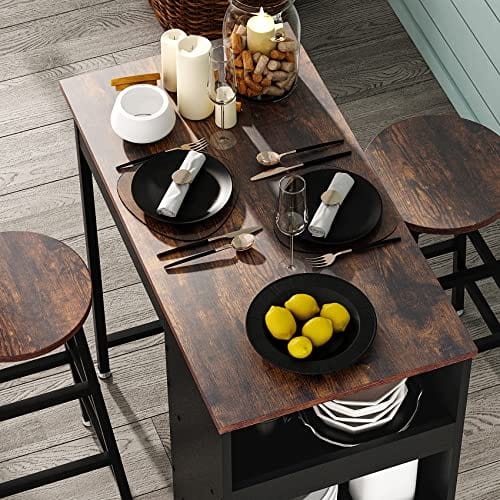 Industrial Bar Table and Chairs Set for 2 with Storage - Modern Kitchen Counter Height Dining Set with 2 Stools, Rustic Brown - Perfect for Small Spaces, Breakfast Nooks & Apartment Dining