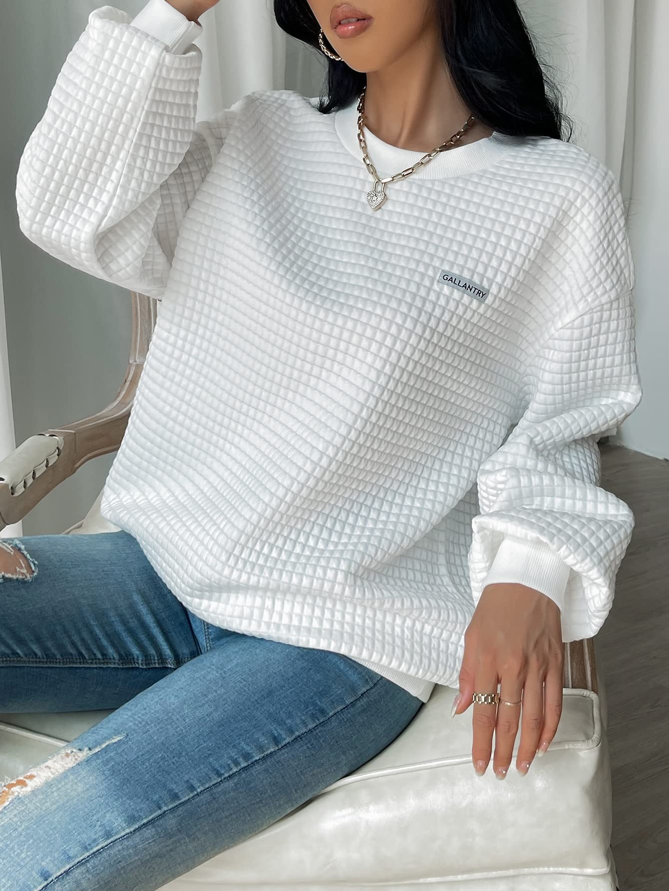 MakeMeChic Women's Waffle Knit Sweatshirt - Casual Letter Patch Crewneck Drop Shoulder Long Sleeve Top - Cozy Loungewear for Fall & Winter - Perfect for Casual Outings, Coffee Dates, and Relaxing at Home (White)