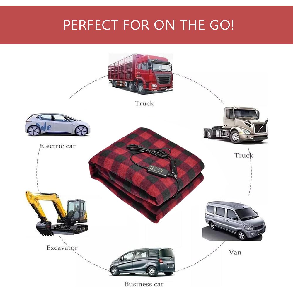 12V Heated Fleece Car Blanket with Adjustable Timer & 3 Heat Levels - Electric Travel Blanket for Cars, Trucks & Road Trips (Green Plaid) - Perfect for Winter Commutes, Camping & Cold Weather Comfort