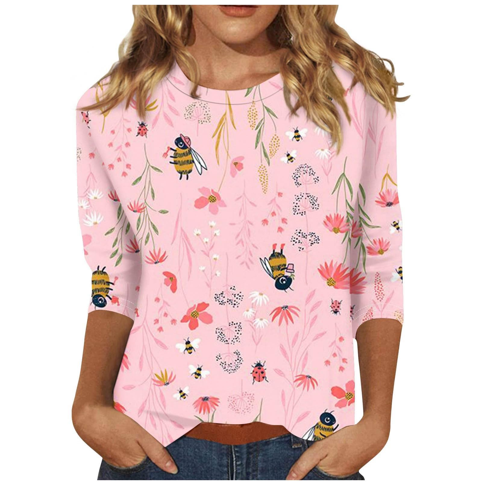 Trendy Women's Summer Tops - Floral Printed 3/4 Sleeve Tunic Shirts & Casual Crewneck Blouses for Going Out | Perfect for Beach Vacations, Date Nights & Office Wear