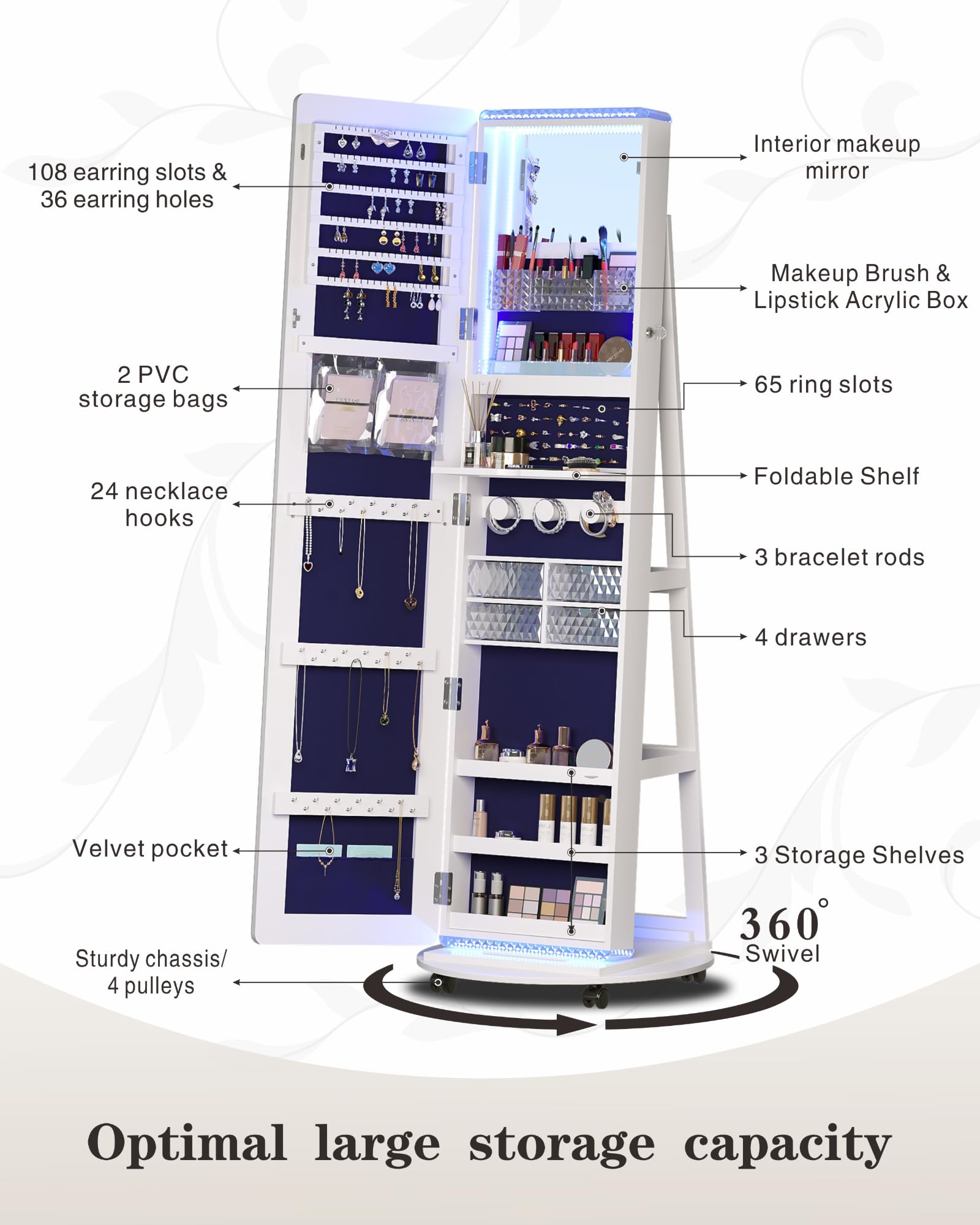 360° Swivel Standing Full-Length Mirror Jewelry Cabinet with LED Lights - Jewelry Armoire Organizer with Storage Shelves & Floor Stand - Perfect for Bedroom, Closet, Dressing Room & Vanity Decor