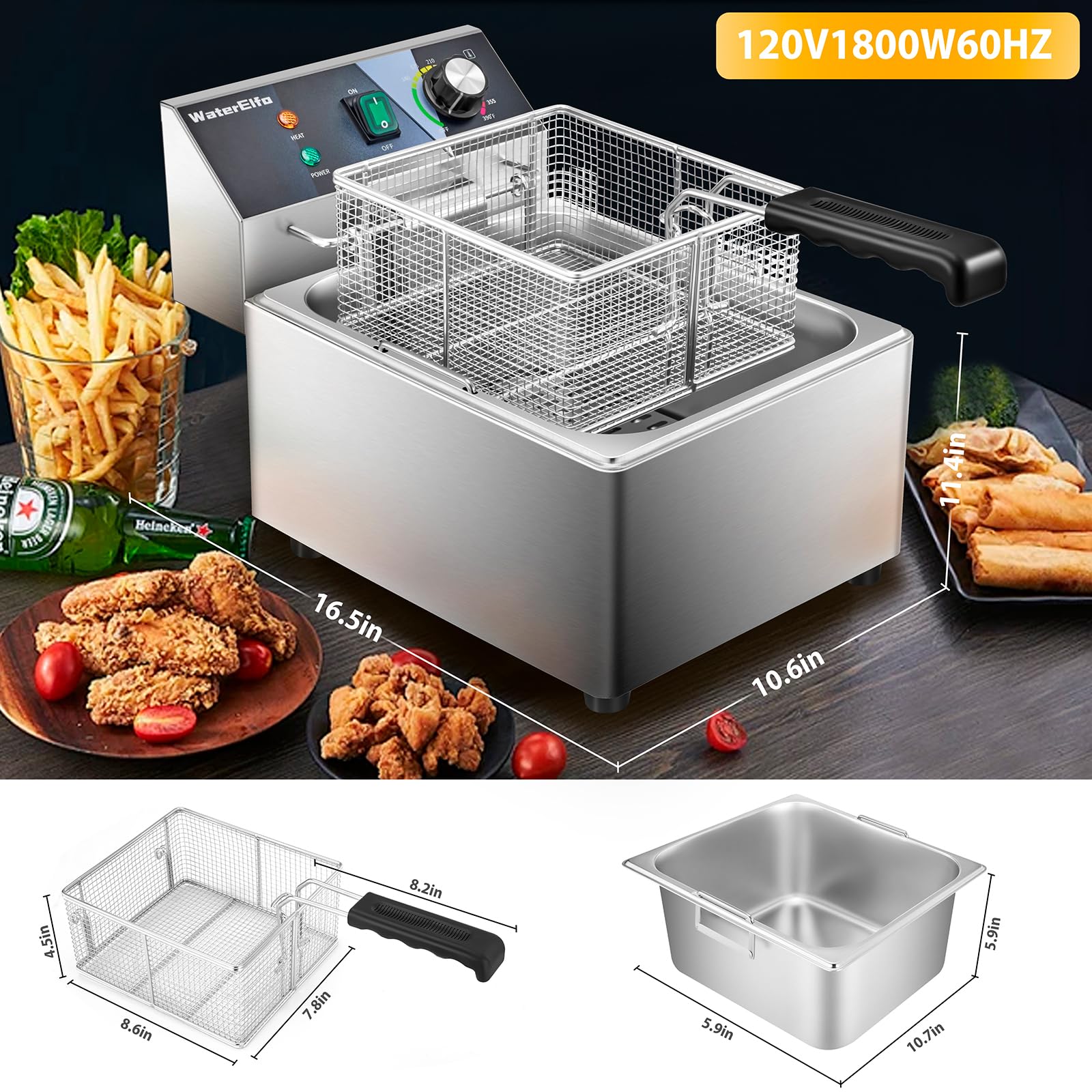 9L/9.5QT Commercial Deep Fryer with Basket - 1800W Stainless Steel Electric Fryer with Thermostat for Home & Restaurant Use - Perfect for Kitchens, Dining Rooms & Catering Events (120V)