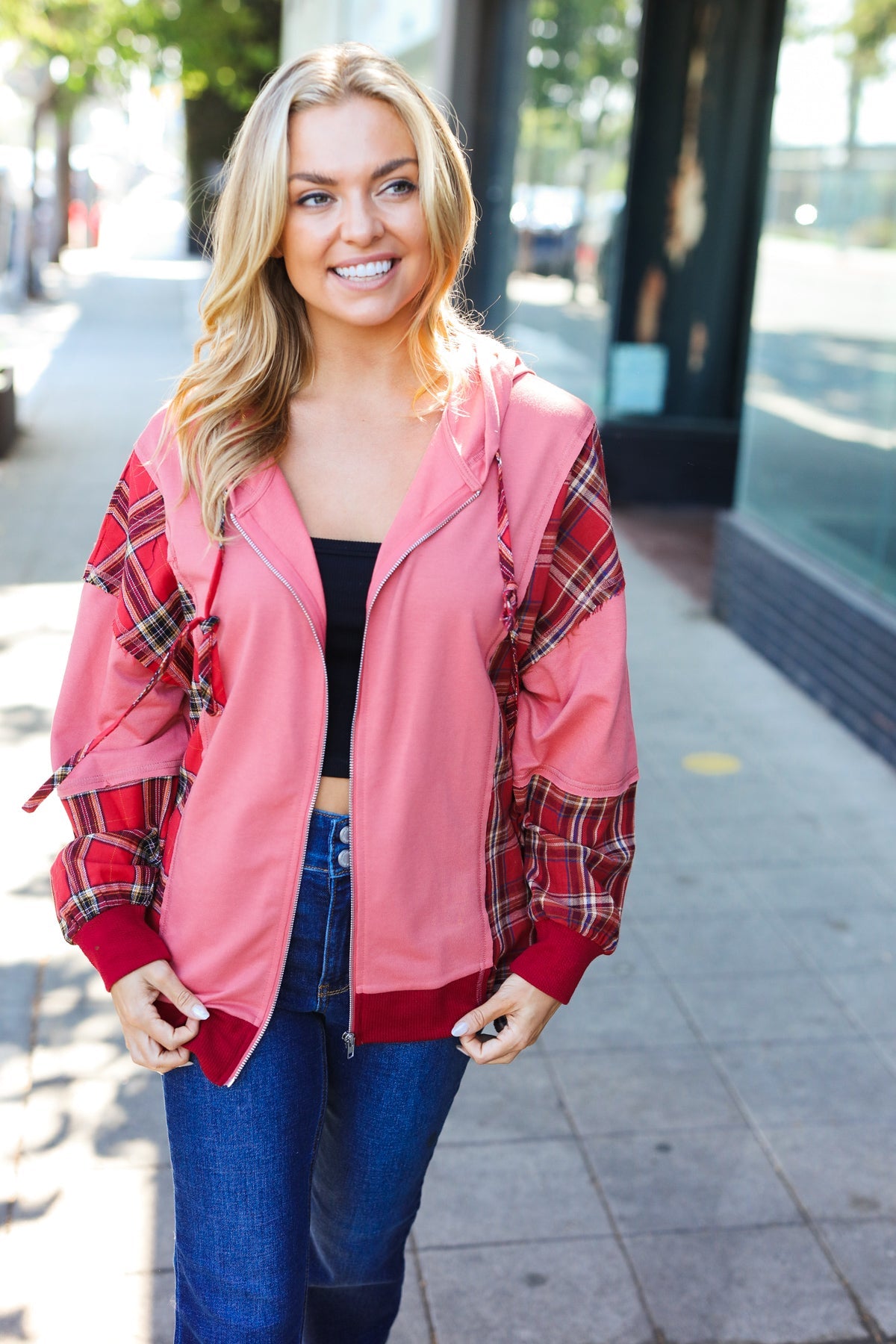 Stylish Marsala Plaid Color Block Zipper French Terry Hoodie for Women | Cozy Fall & Winter Outerwear | Perfect for Casual Outings, Lounge Wear and Street Fashion