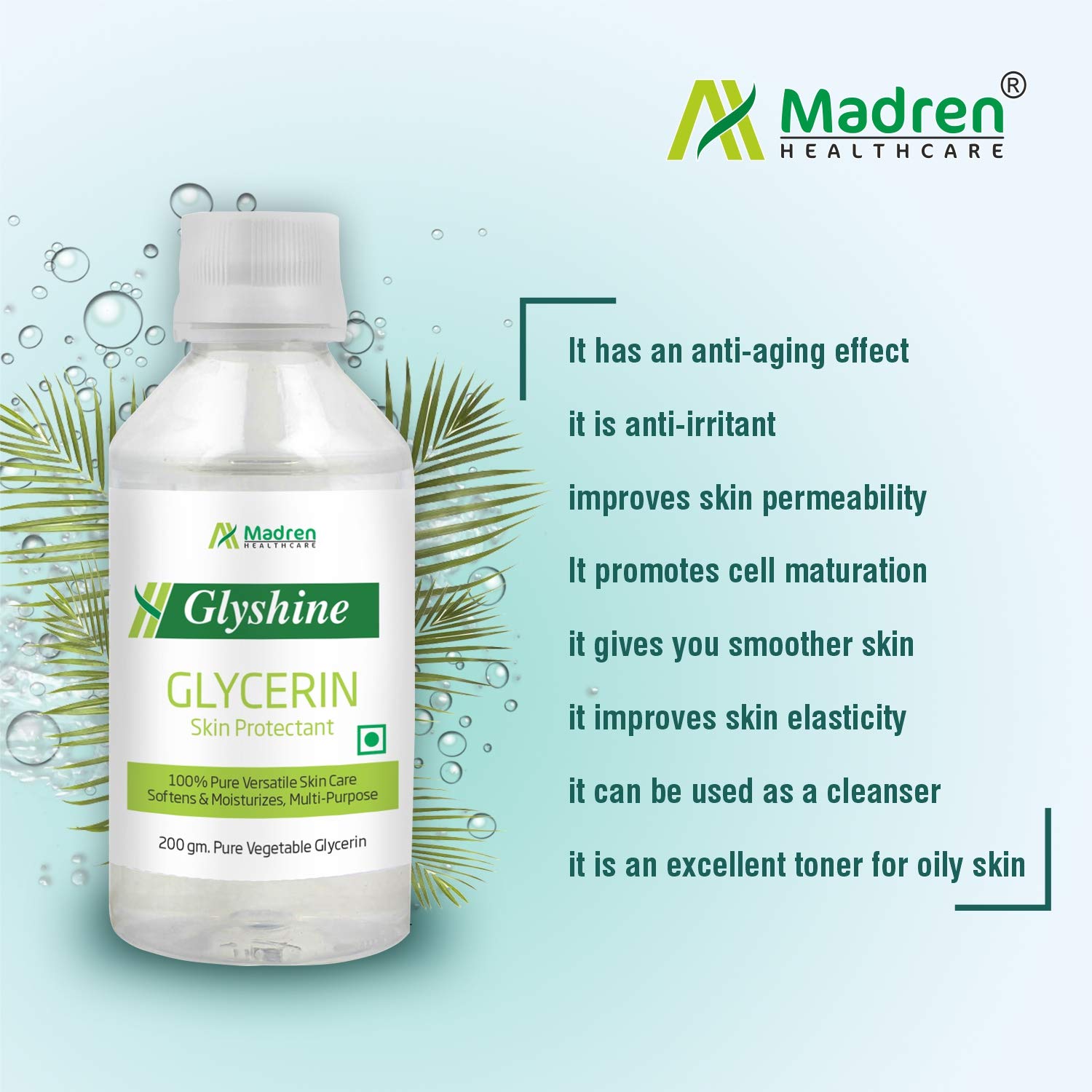 Madren Healthcare Pure Vegetable Edible Glycerin 200g - Natural Food Grade, Chemical-Free for Skin & Hair Care | DIY Beauty, Soap Making, Moisturizer, Lip Balm