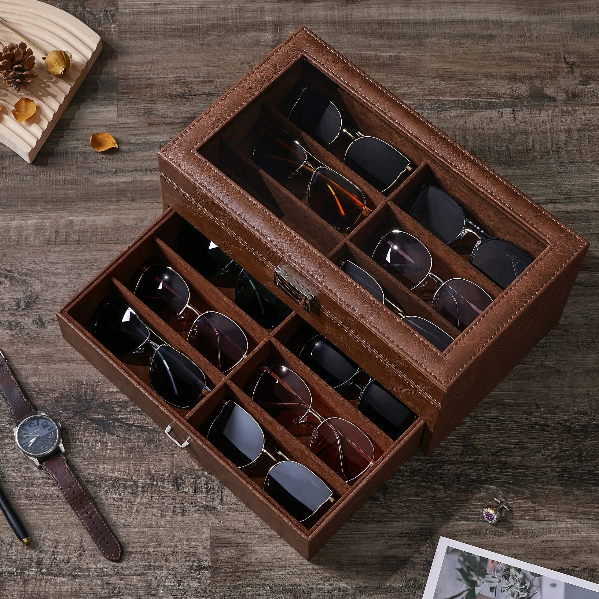 Premium BEWISHOME 12-Slot Luxury Watch Box & Sunglasses Organizer Case for Men and Women - Perfect for Travel, Home Storage, and Gift Giving