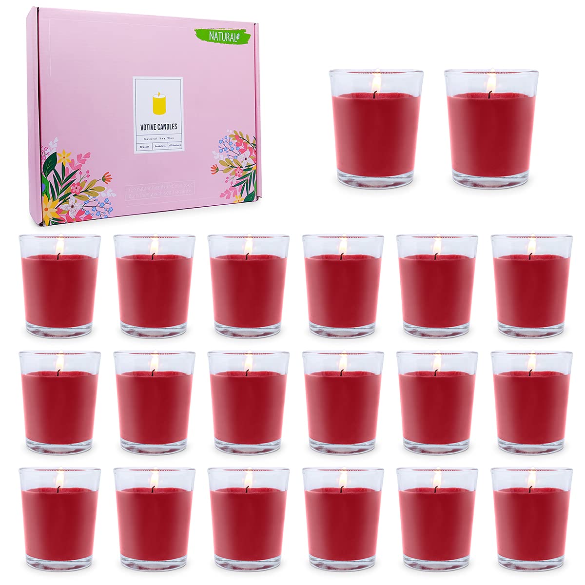 20 Unscented Red Votive Candles in Glass - Soy Wax for Weddings, Parties & Holidays