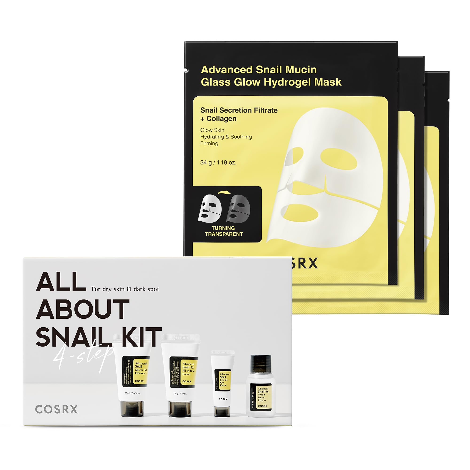 COSRX All About Snail Set with Hydrogel Mask 3EA - Korean Snail Mucin Skincare Kit & Glass Glow Hydrogel Collagen Face Mask for Hydration & Anti-Aging | Travel Essentials, Gift Set, Stocking Stuffers | Perfect for Dry Skin & Nighttime Routine