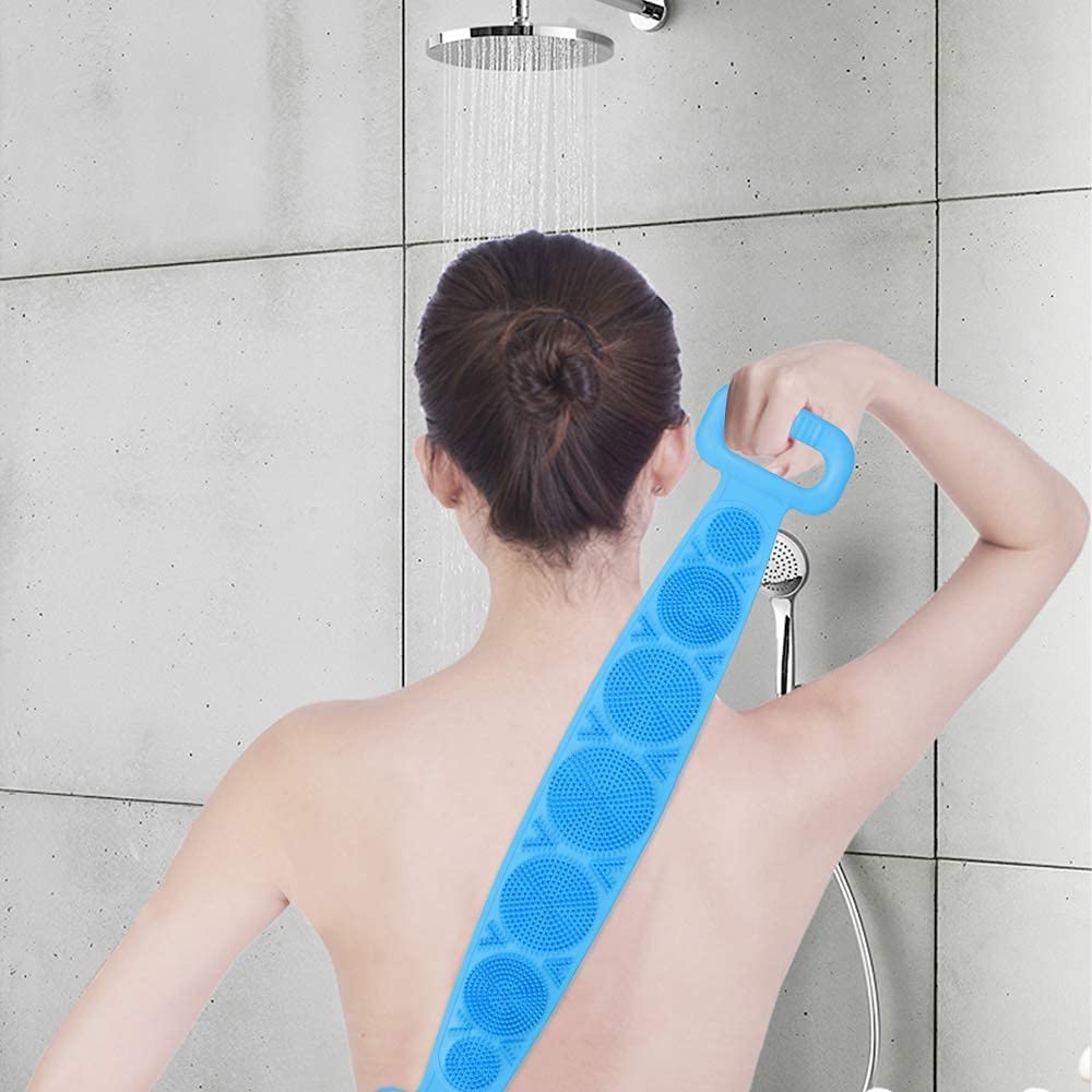 Exfoliating Silicone Body Brush - Long Handle Back Scrubber for Deep Cleansing, Double-Sided Silica Gel Bath Towel for Dead Skin Removal (Blue, Pack of 2) - Perfect for Shower, Spa & Exfoliating Dry Skin