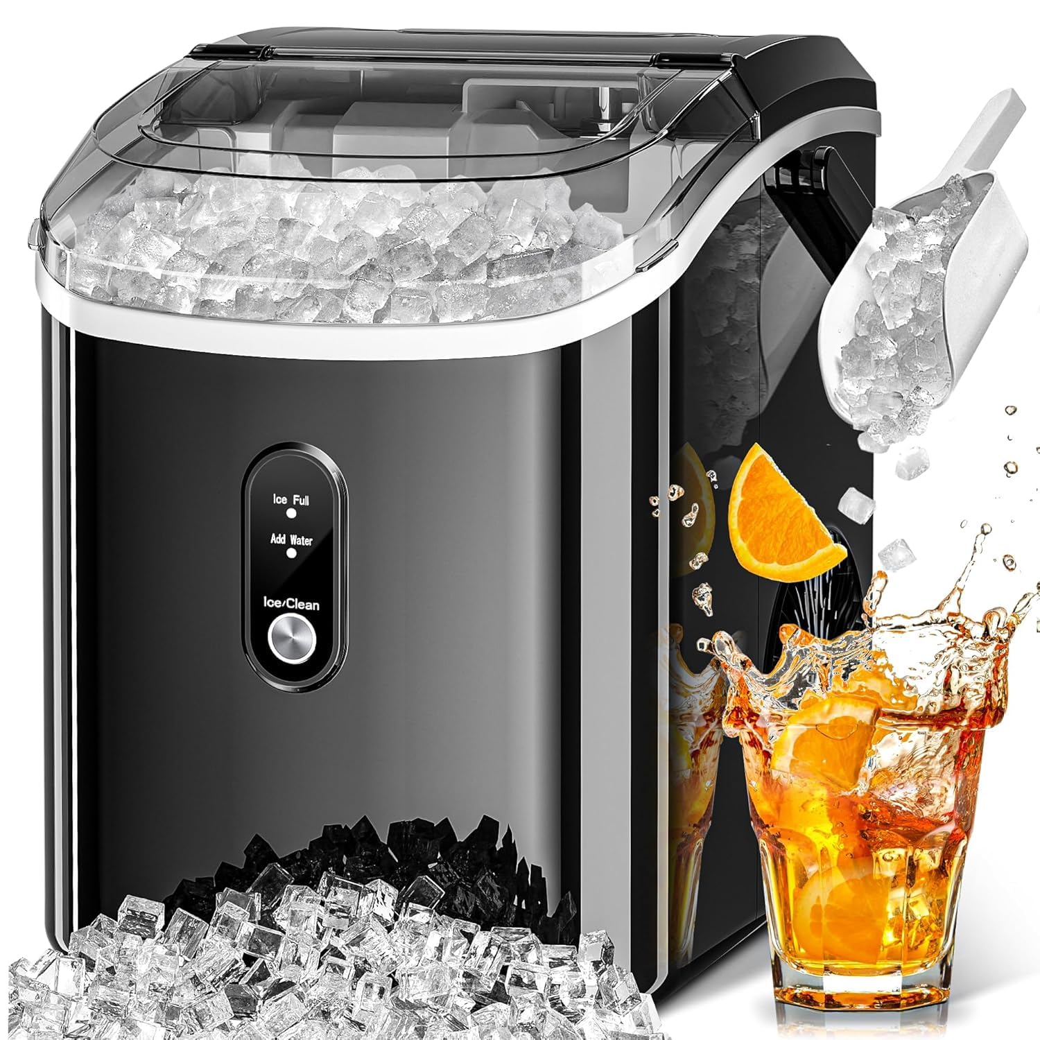 Portable Nugget Ice Maker Countertop - 35lbs/Day Self-Cleaning Pellet Ice Machine with Handle, One-Click Operation & Compact Design for Home, Office, RV - Stainless Steel Black (Perfect for Cocktails, Sodas & Home Entertaining)