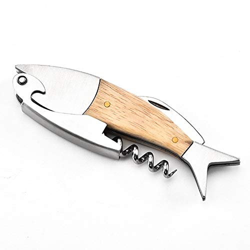 Cute Fish Shaped Wine Opener - Wood Handle Professional Corkscrew with Metal Opener, Multifunctional & Portable Bottle Opener for Kitchen, Bar, Picnic & Gift Giving
