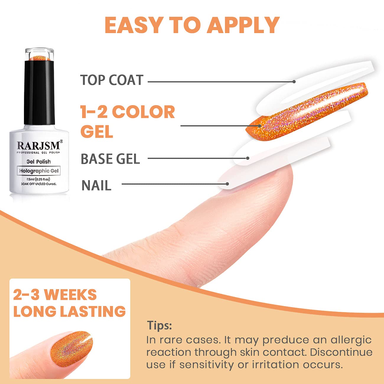 RARJSM Holographic Nail Polish - Classic Orange Soak Off UV LED Gel Polish for Nail Salon & DIY at Home | Long Lasting & High Shine Nail Art Design | Perfect for Parties, Weddings & Special Occasions
