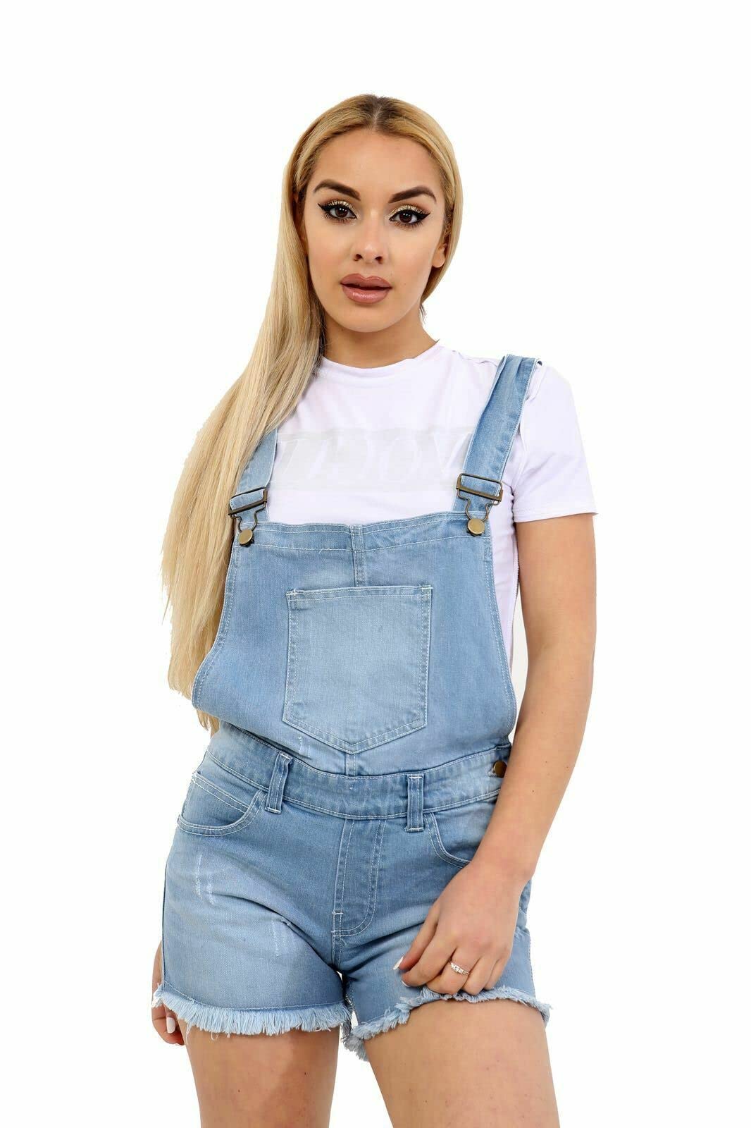 Janisramone Women's Denim Dungaree Strappy Overalls - Short Sleeve Jumpsuit One Piece Playsuit for Casual Wear, Summer Outfits & Music Festivals
