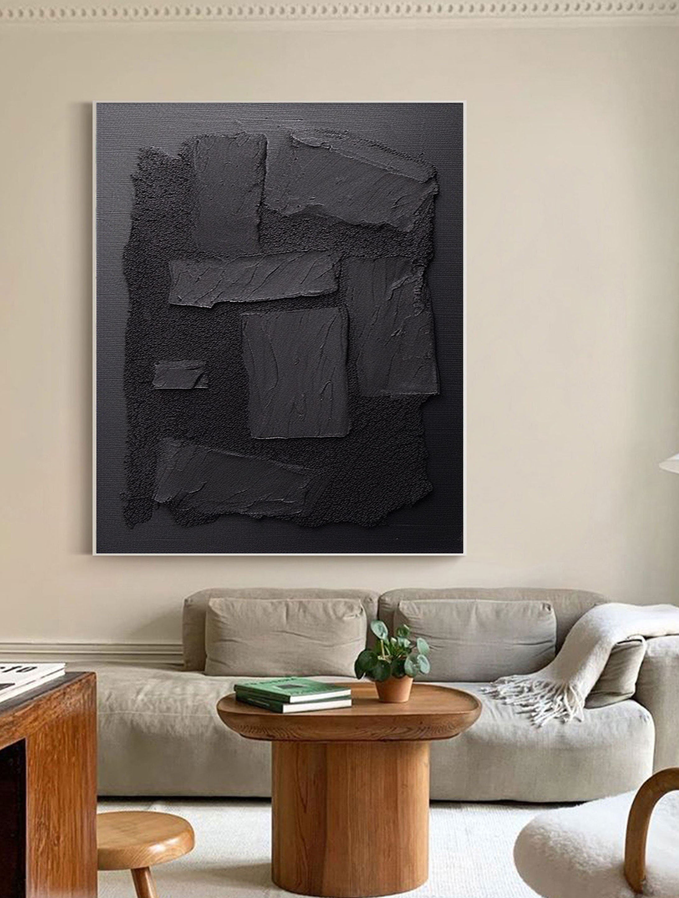 Black Plaster Art Minimalist Textured Painting - Modern Abstract Wall Decor for Living Room, Bedroom & Office | Contemporary Home Decor | #MZ033