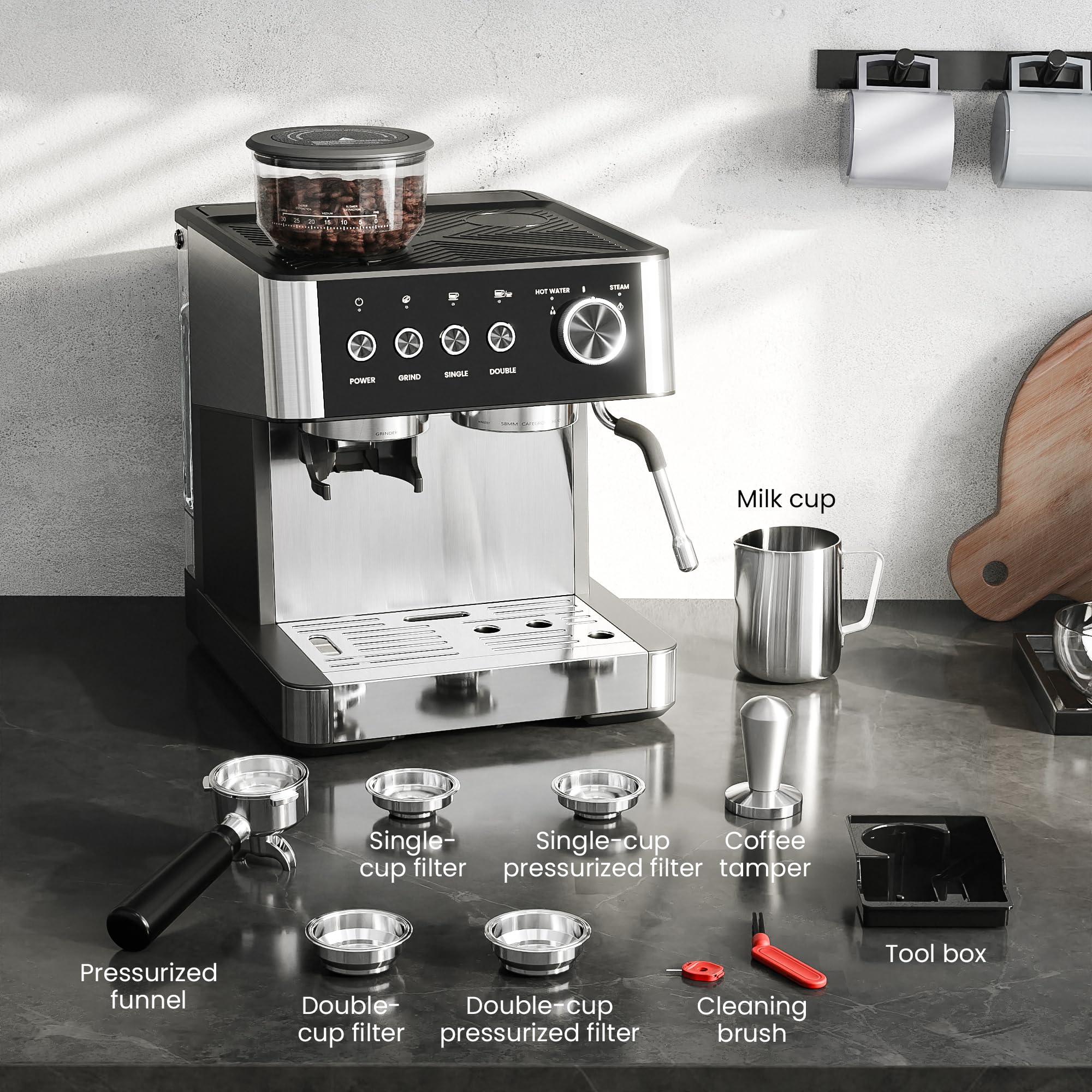 Kismile 20 Bar Professional Espresso Machine with Built-in Grinder, Removable Water Tank & Milk Frother - Perfect for Latte, Cappuccino - Ideal for Home, Office & Coffee Shops (Black)