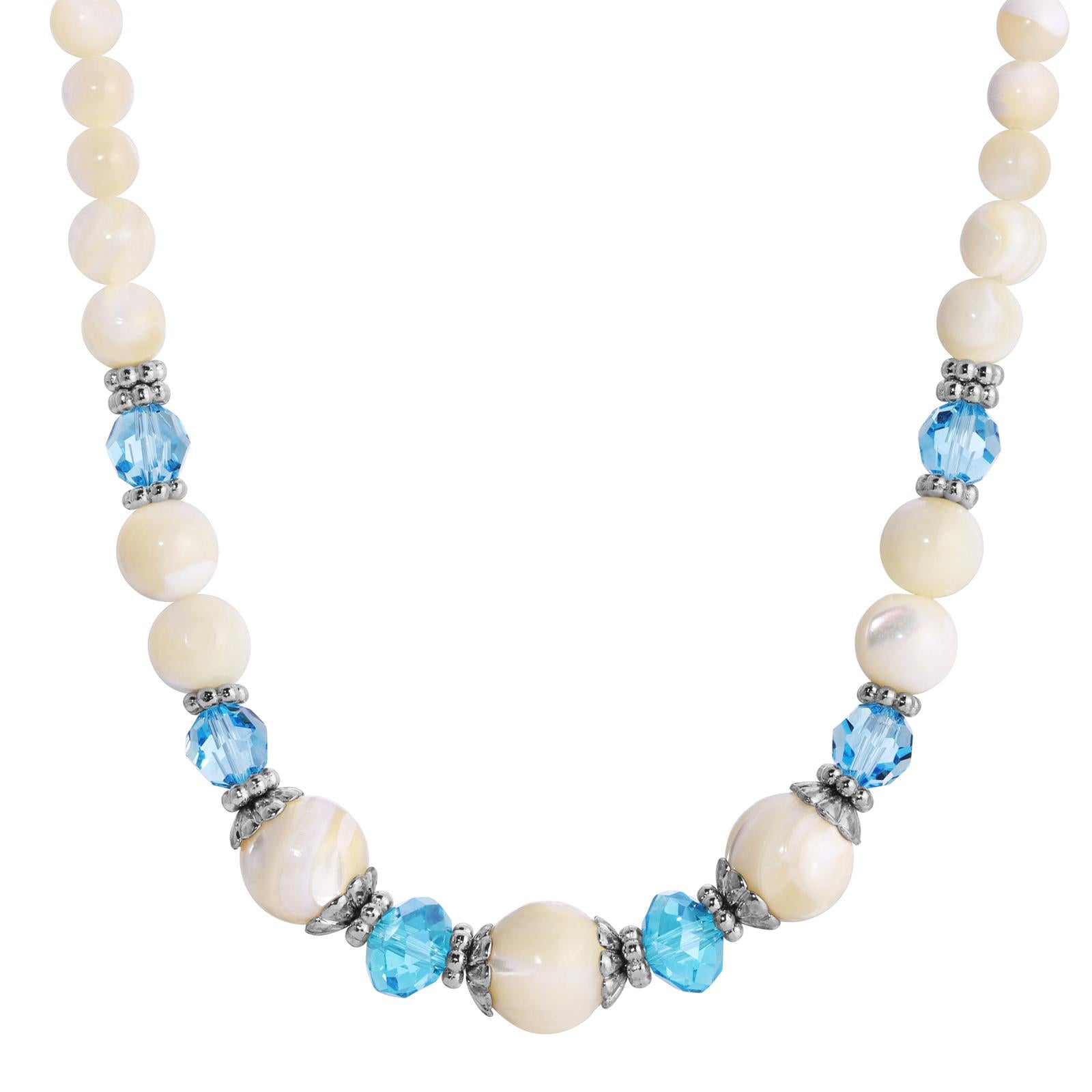 1928 Jewelry Aquamarine Crystal Mother of Pearl Necklace with 15 + 3 Extender Chain - Elegant Pendant Necklace for Women, Perfect for Weddings, Parties & Special Occasions