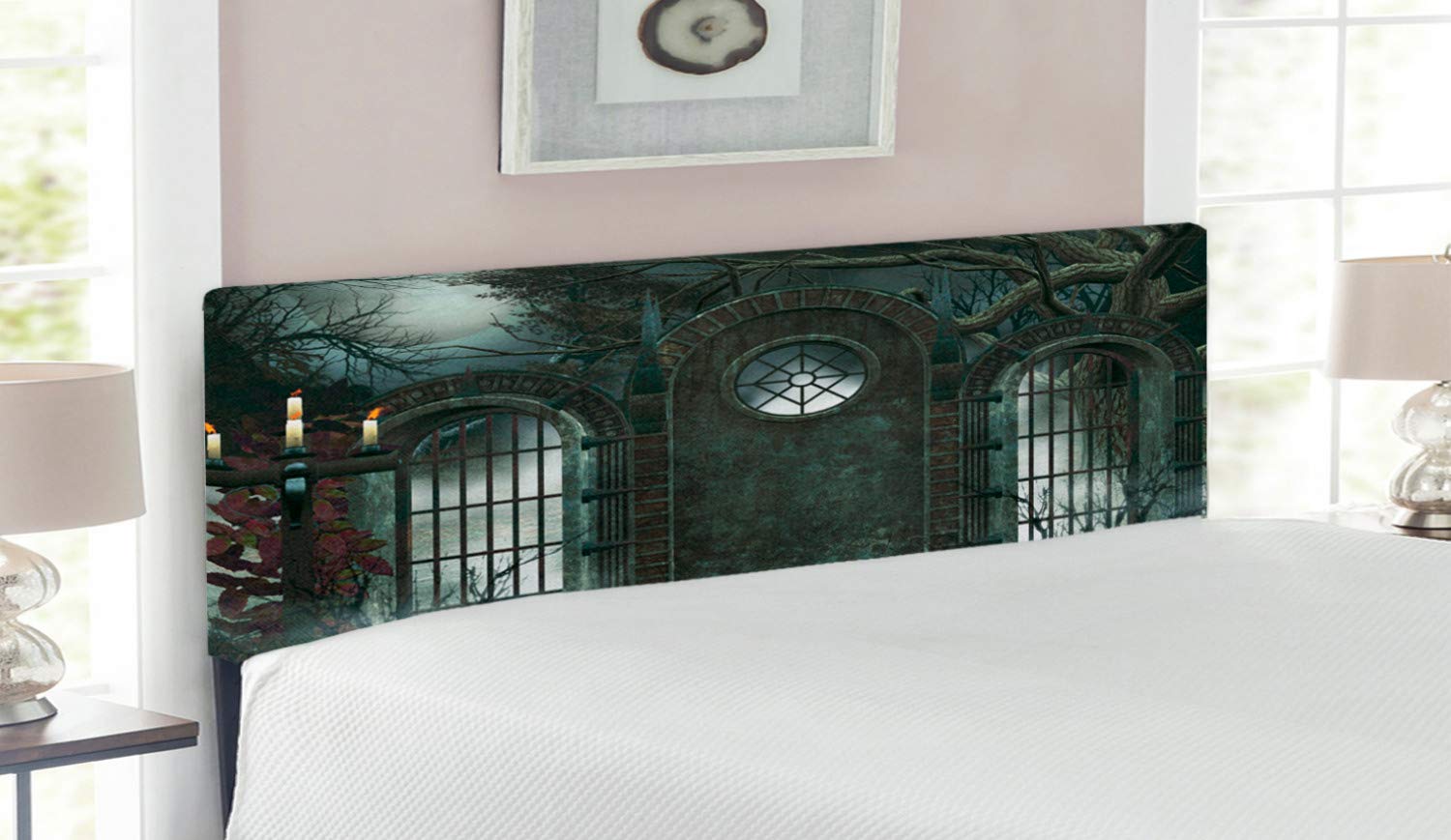 Lunarable Gothic Horror House Headboard - Queen Size Upholstered Metal Bed Frame with Memory Foam, Moon Halloween Historical Gate Print, Grey Decorative Headboard for Bedroom - Perfect for Gothic, Halloween & Horror Themed Bedrooms