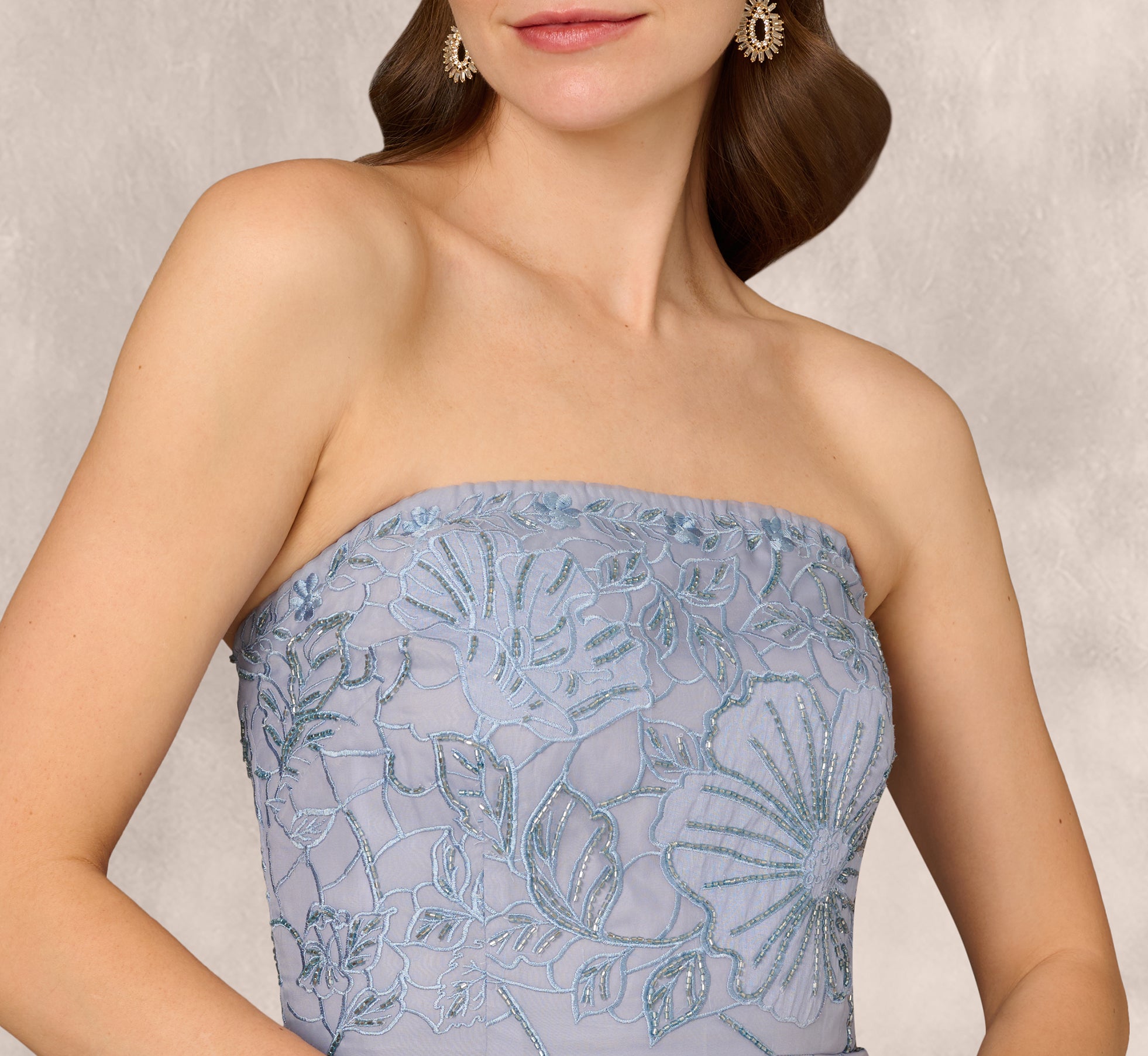 Strapless Floral Embroidered High-Low Midi Dress in Blue Cloud - Perfect for Summer Weddings, Beach Vacations & Date Nights