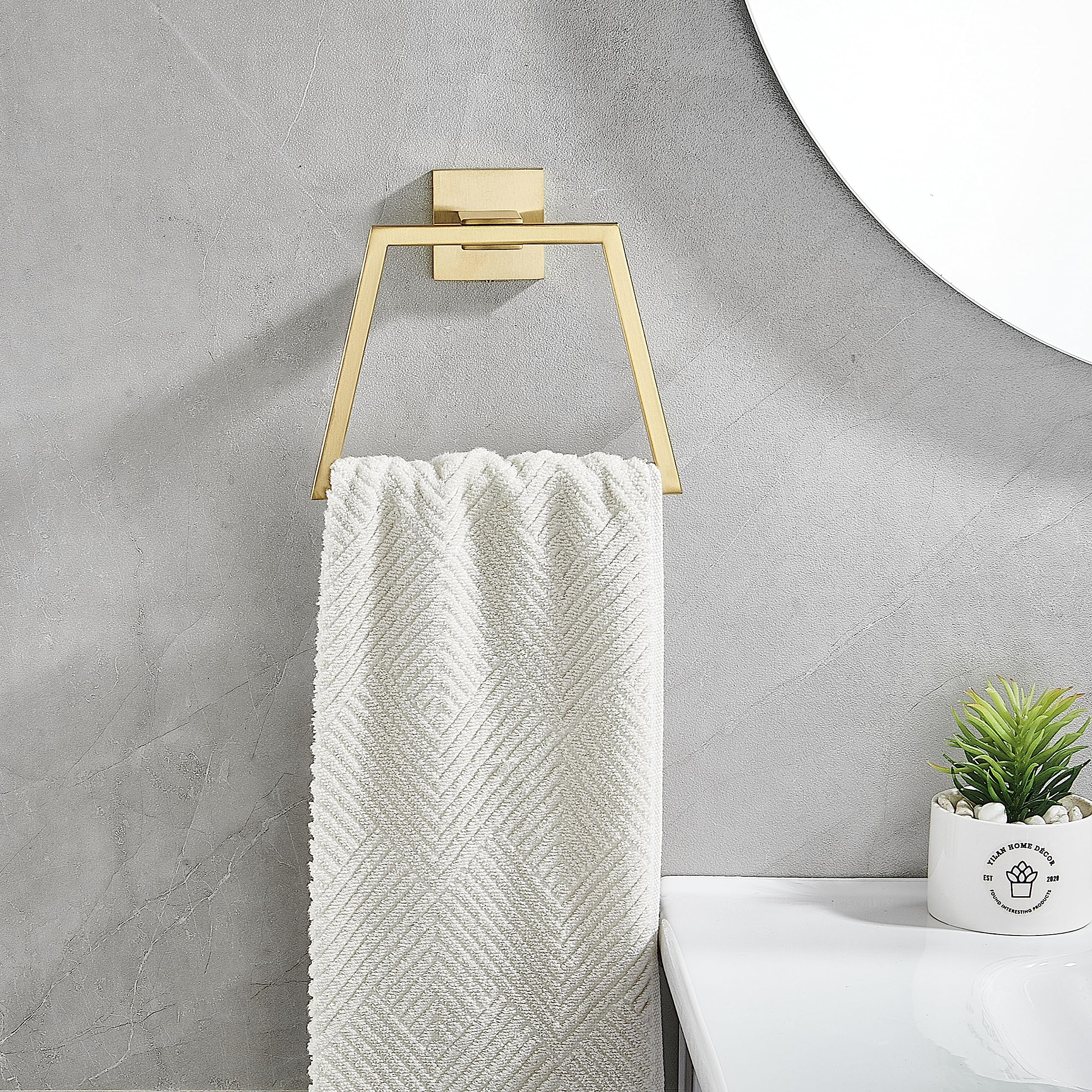 Brushed Gold Square Towel Ring - Modern Stainless Steel Bathroom Towel Holder, Wall Mounted Towel Hanger for Kitchen & Bathroom Decor - Perfect for Guest Bathrooms, Spa Style Showers, and Luxury Powder Rooms