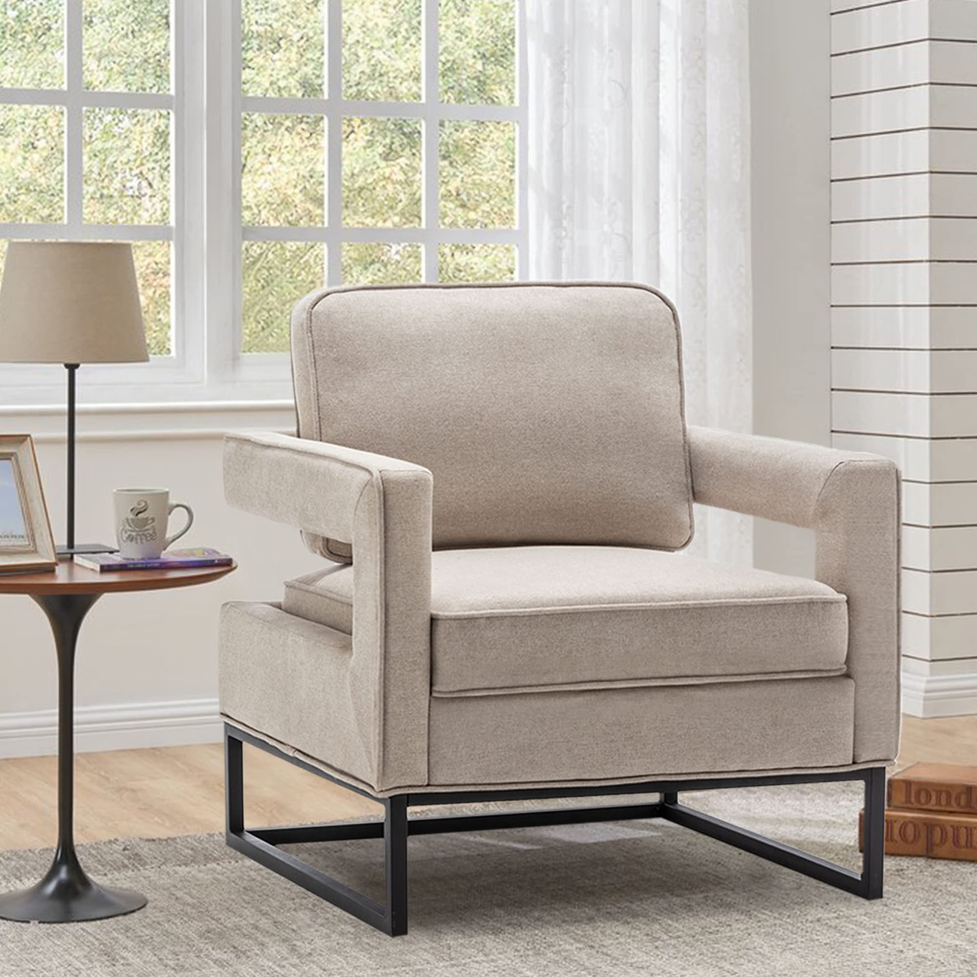 Modern Accent Chair Mid Century Armchair with Removable Cushion - Upholstered Lounge Chair for Living Room, Bedroom & Reception - Beige - Perfect for Relaxing, Reading or Adding Stylish Seating to Any Space