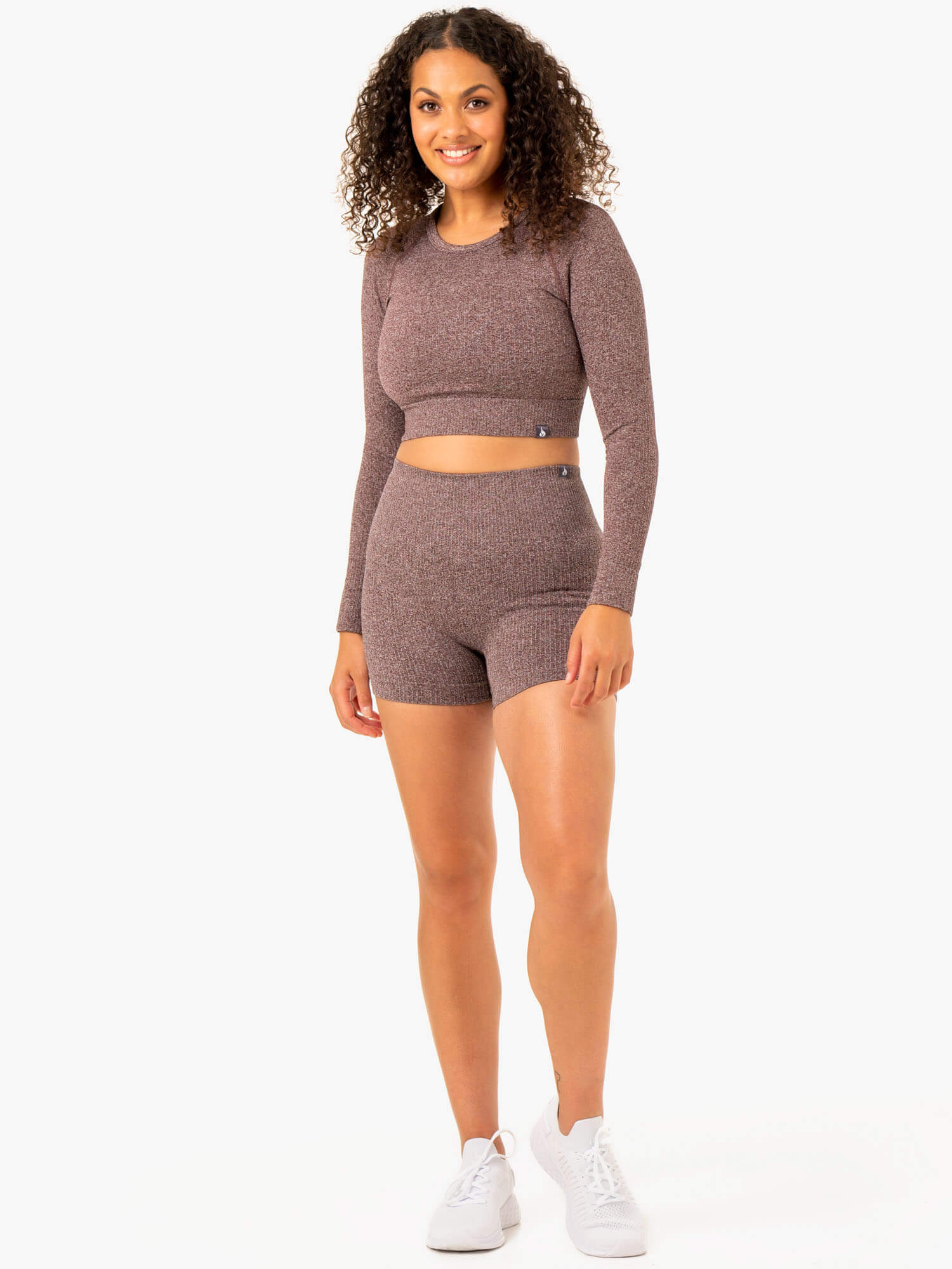 Seamless Rib Long Sleeve T-Shirt for Women - Soft Stretch Chocolate Marl Knit Top | Casual Wear, Layering & Everyday Outfits