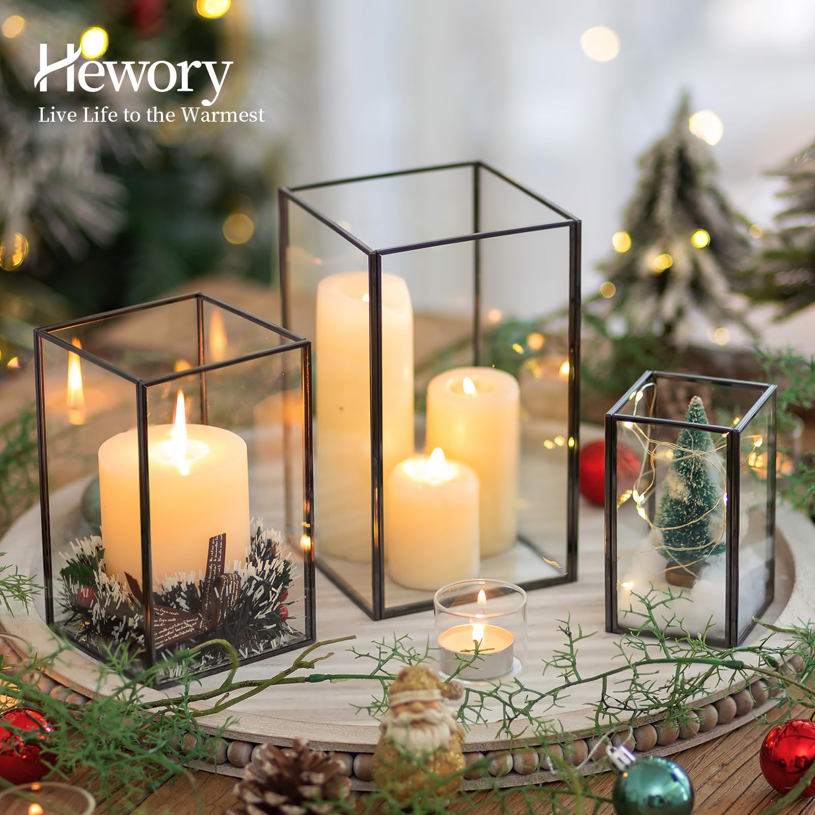 Hewory 18-Piece Black Rectangle Glass Hurricane Candle Holders - Large Square Pillar Candle Lantern for Wedding, Anniversary, Party, Fireplace & Dining Room Decor - Elegant Table Centerpiece & Floor Decor for Home & Events