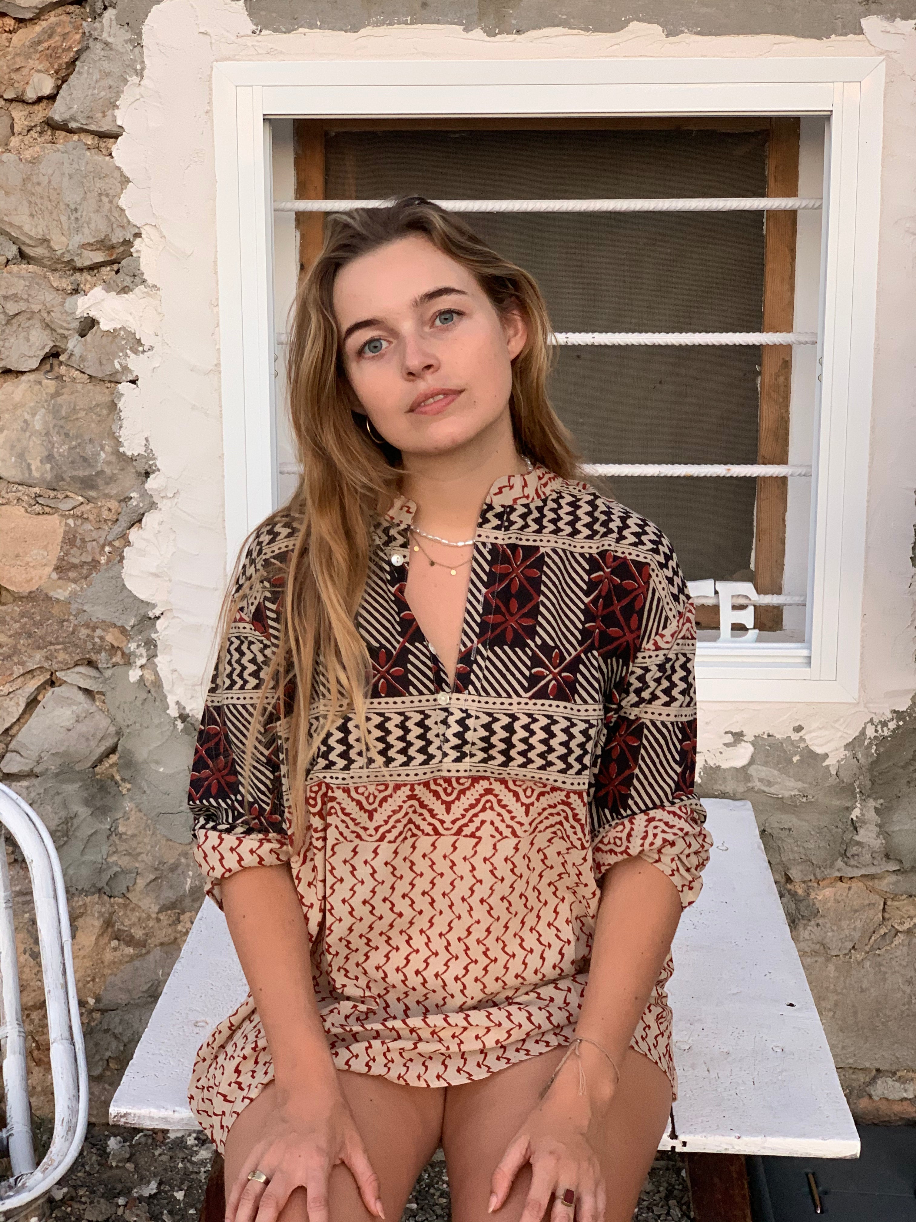Modern Block Print Tunica Button Down Shirt - Stylish & Comfortable Women's Casual Top for Summer, Travel & Boho Outfits