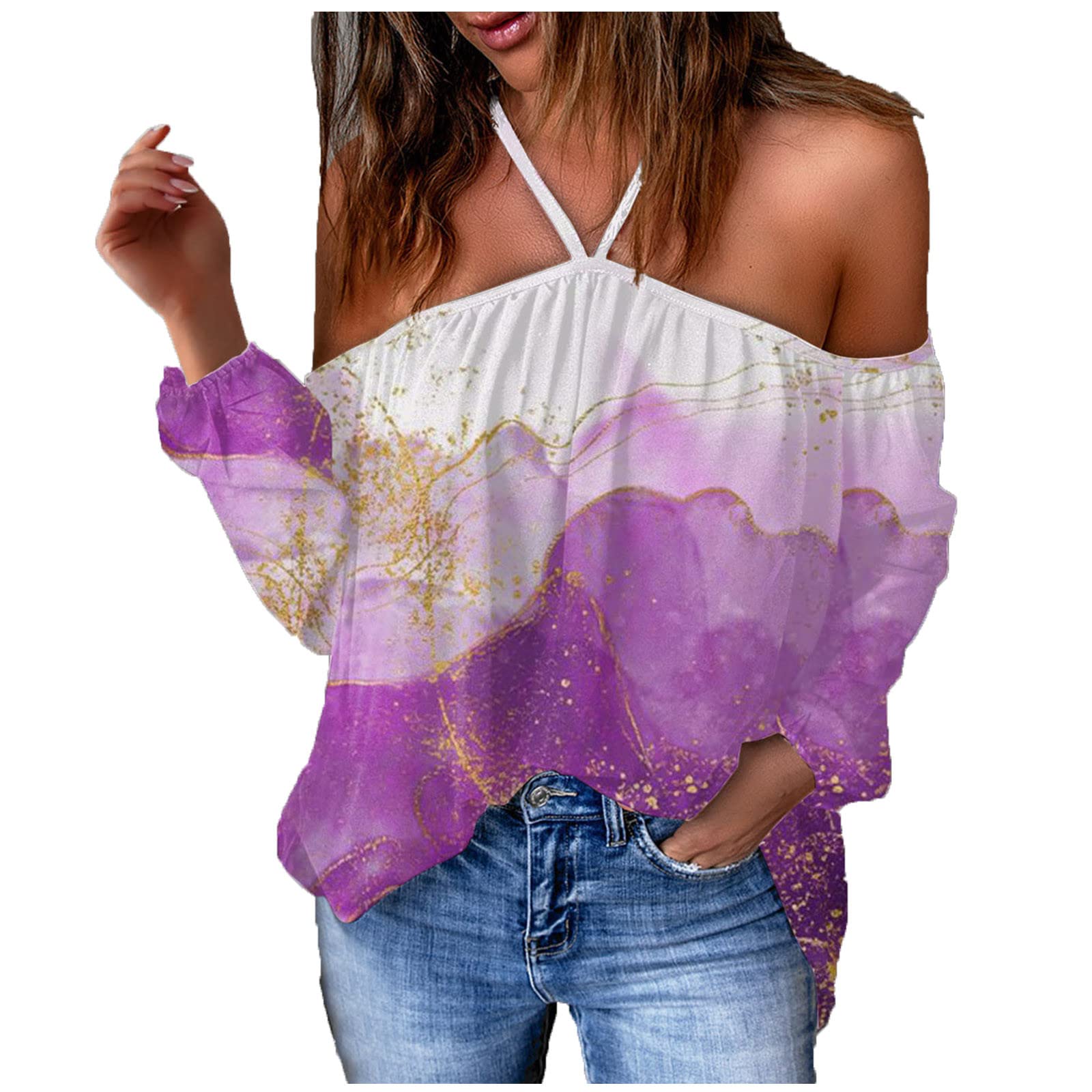 Sexy Women's Summer Tops - Boho Print Halter Neck Off Shoulder Long Sleeve T-Shirt Blouse | Casual Trendy Tunic Tee for Beach, Party & Vacation Outfits