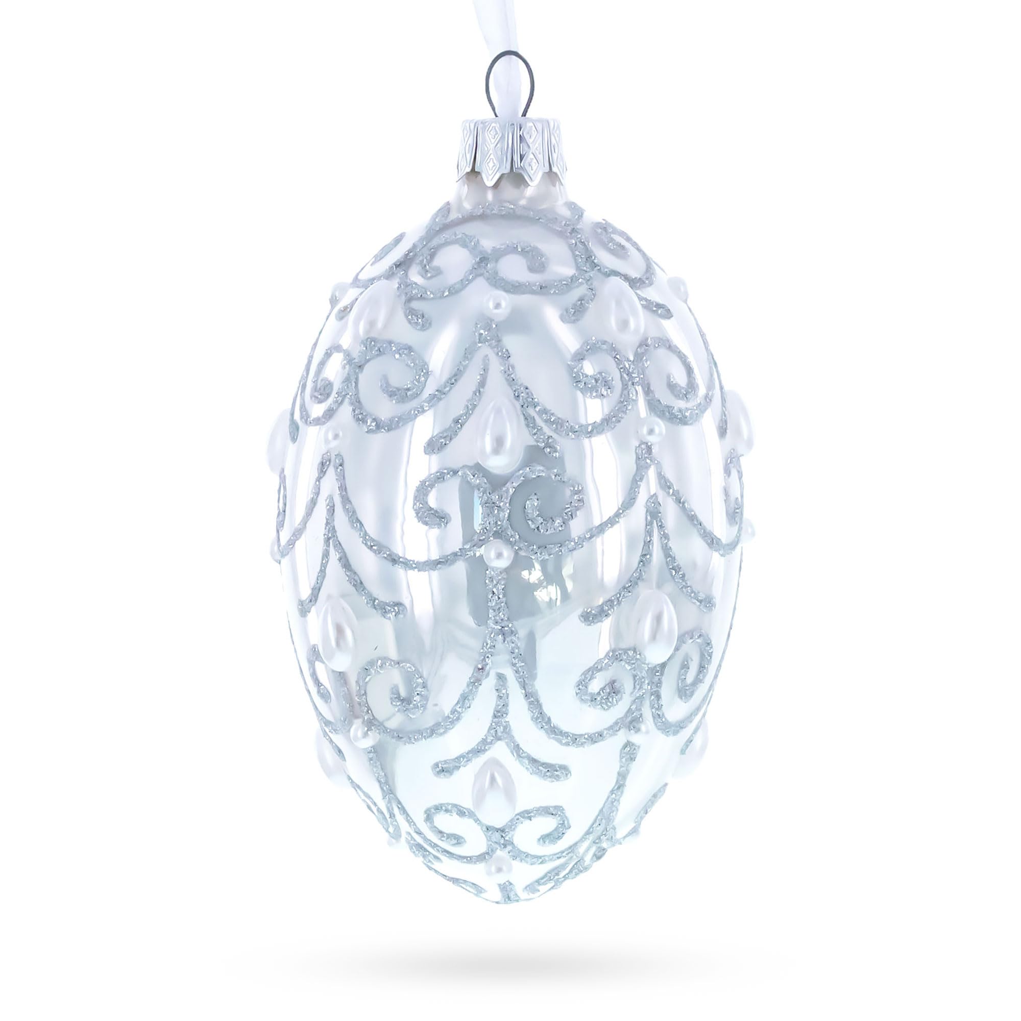 4 Inch Glossy White Glass Jeweled Beads Egg Ornament - Perfect for Christmas Tree Decor, Easter Decorations & Home Holiday Centerpiece