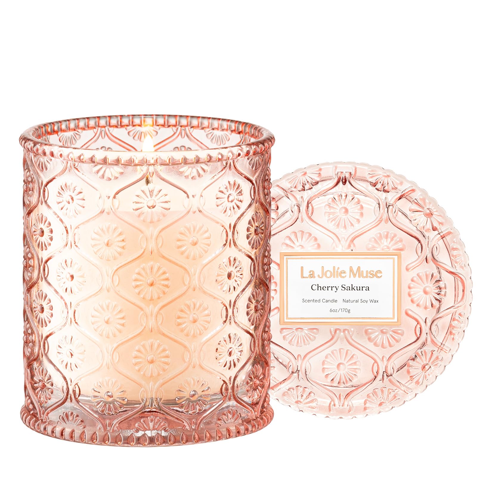 LA JOLIE MUSE Cherry Blossom Scented Candle - 6oz Natural Soy Wax Candle with 40-Hour Burn Time, Floral Pink Home Decor Gift for Women - Perfect for Valentine's Day, Romantic Dinners & Relaxing Bath Time