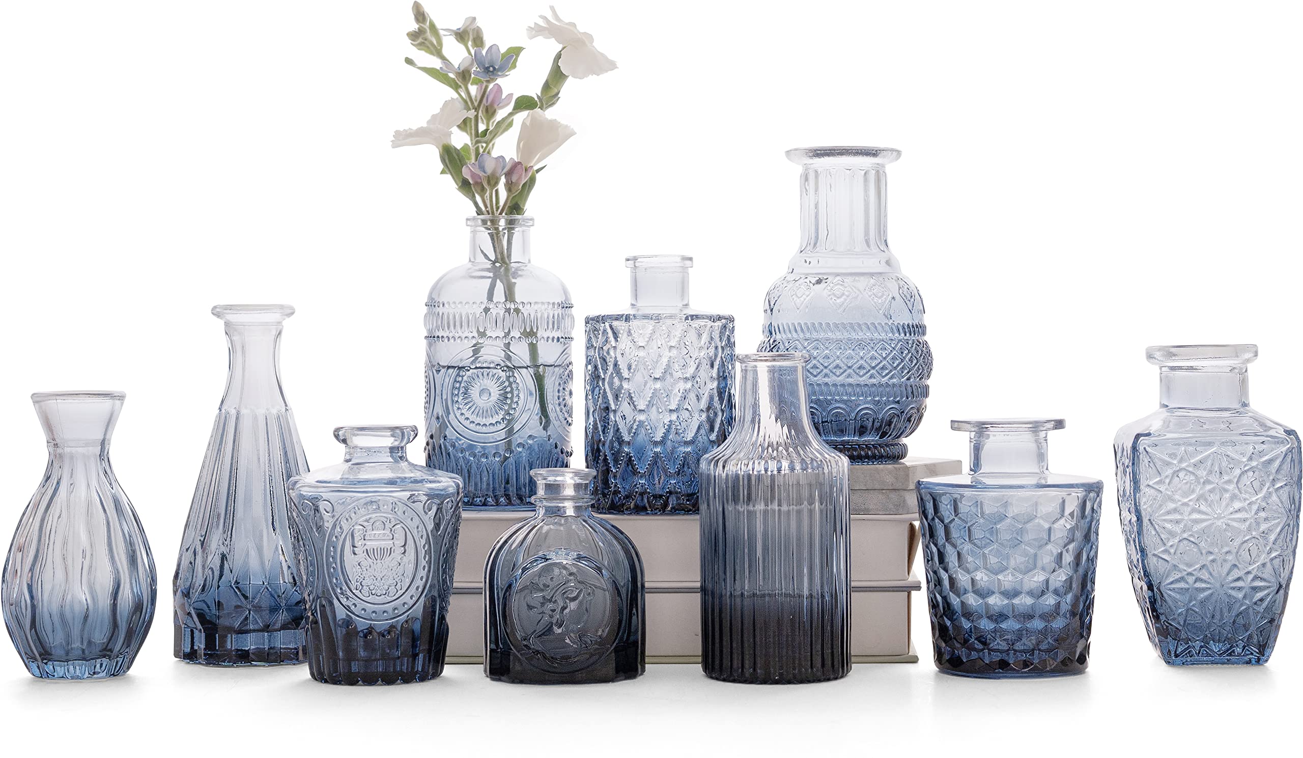 Blue Glass Bud Vase Set of 10 - Small Flower Vases for Wedding Centerpieces, Table Decor, Bulk Vintage Mini Vases | Perfect for Wedding Decorations, Home Decor, and Floral Arrangements