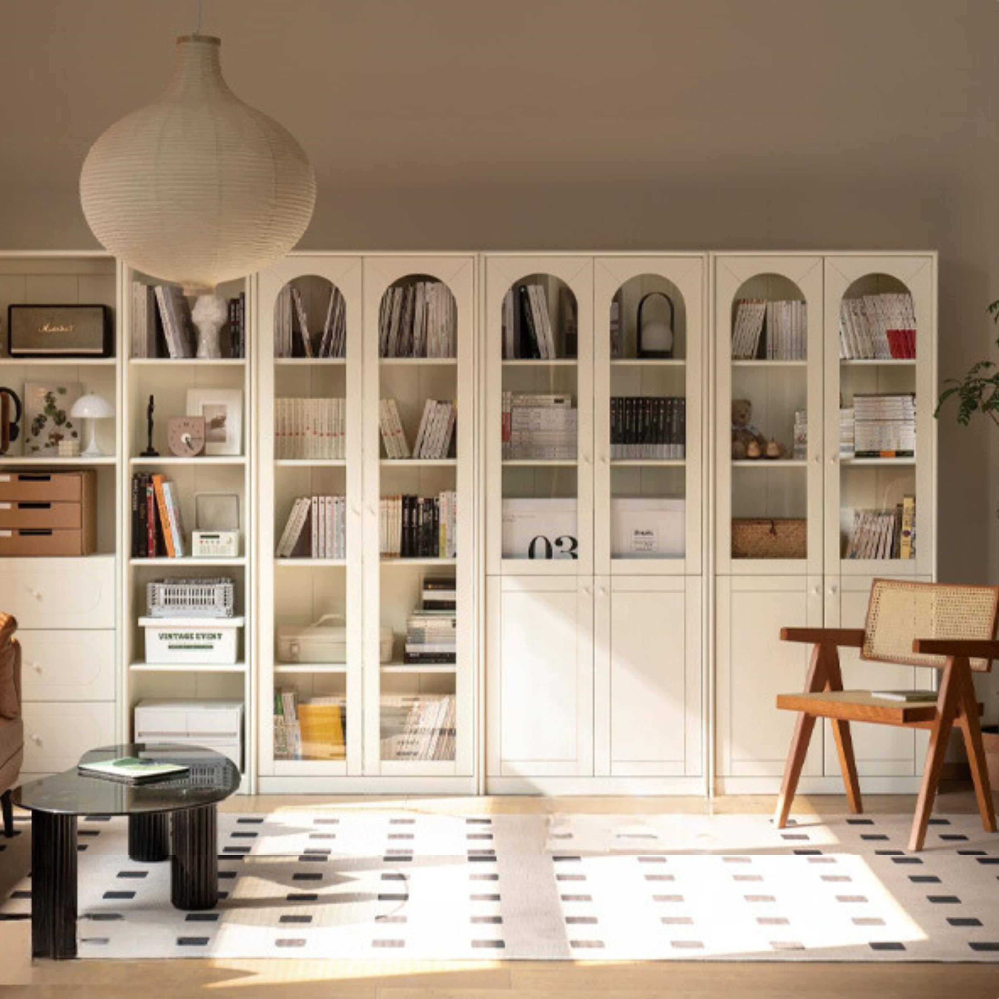 French Cream Style Poplar Solid Wood Bookcase with Glass Door - Whole Wall Combination for Living Room, Office & Library Storage