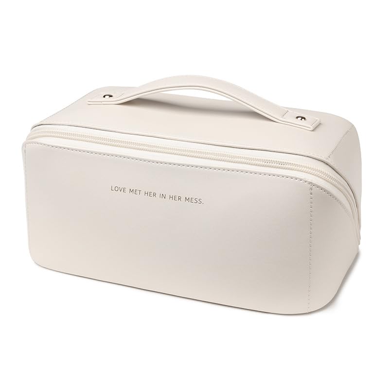 Waterproof PU Leather Travel Makeup Bag - Large Capacity Cosmetic Organizer for Women with Dividers & Handle | Perfect for Vacation, Gym & Daily Essentials Storage