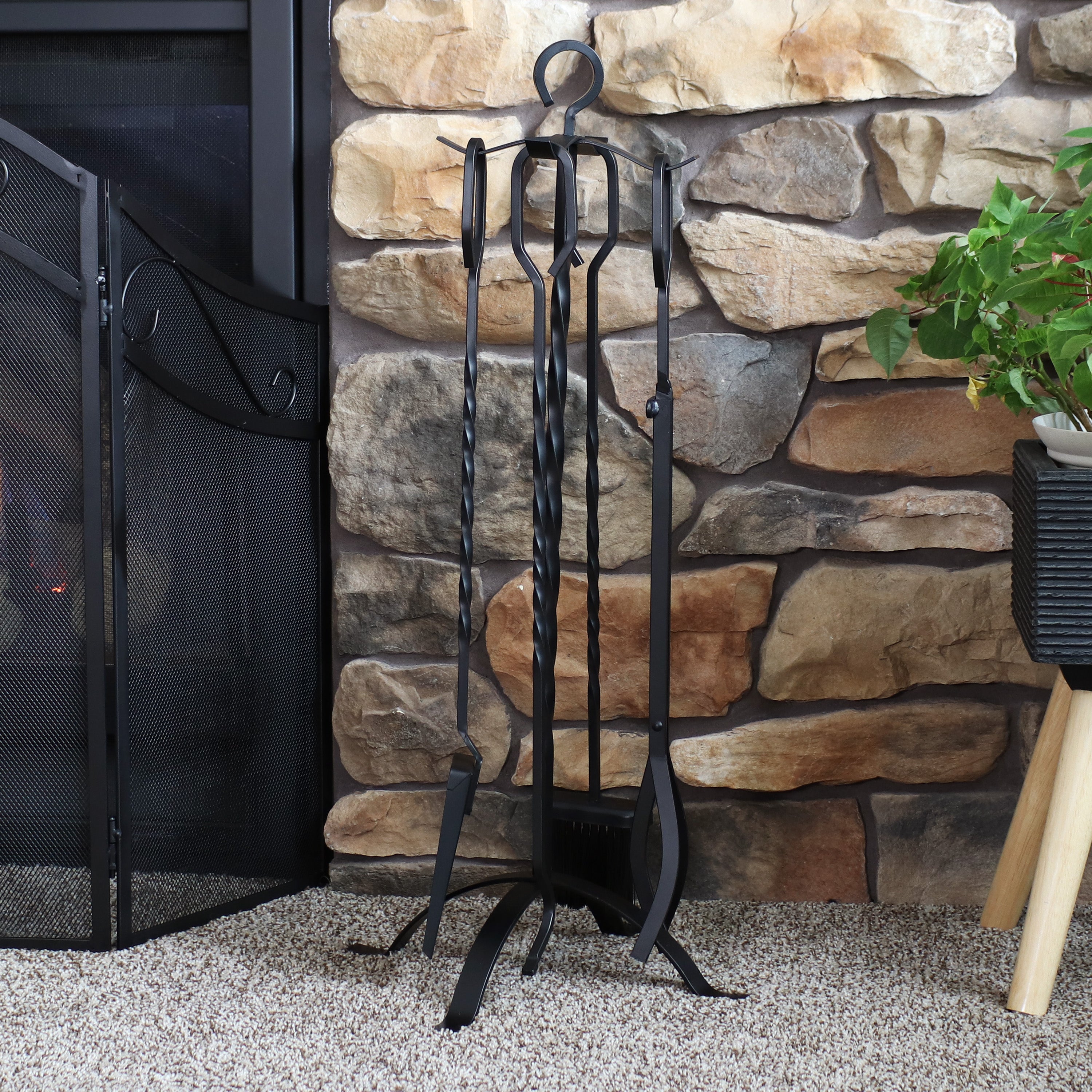 Sunnydaze 4-Piece Steel Fireplace Tool Set with Stand - Heavy Duty Fireplace Accessories for Wood Burning Stoves & Fire Pits - Perfect for Indoor & Outdoor Use