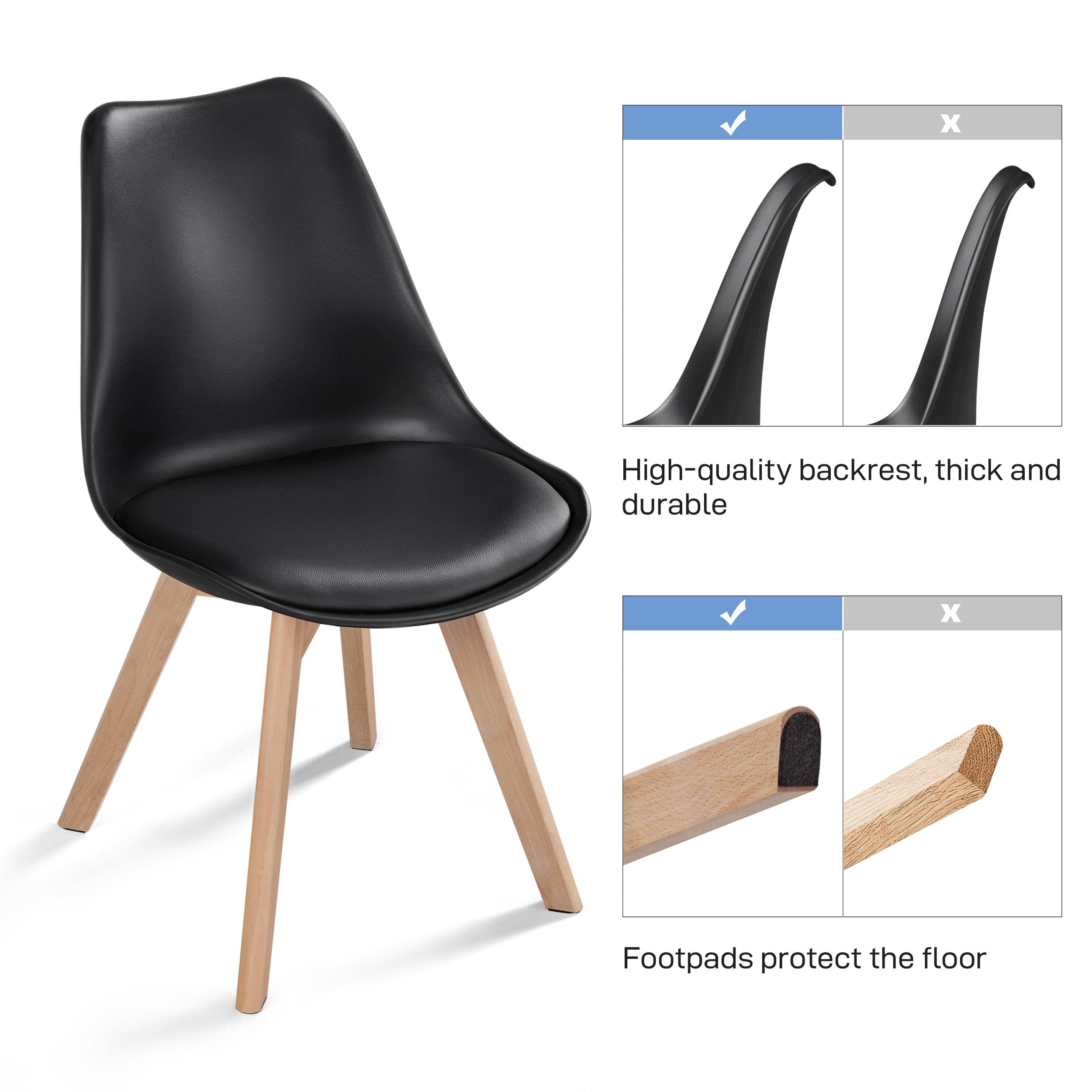 Topeakmart Mid Century Modern Dining Chairs Set of 4 - Black DSW Shell Armless Chairs with Beech Wood Legs & Soft Padded Seat for Dining Room, Living Room, Bedroom or Kitchen - Comfortable & Stylish Home Furniture for Everyday Use & Entertaining