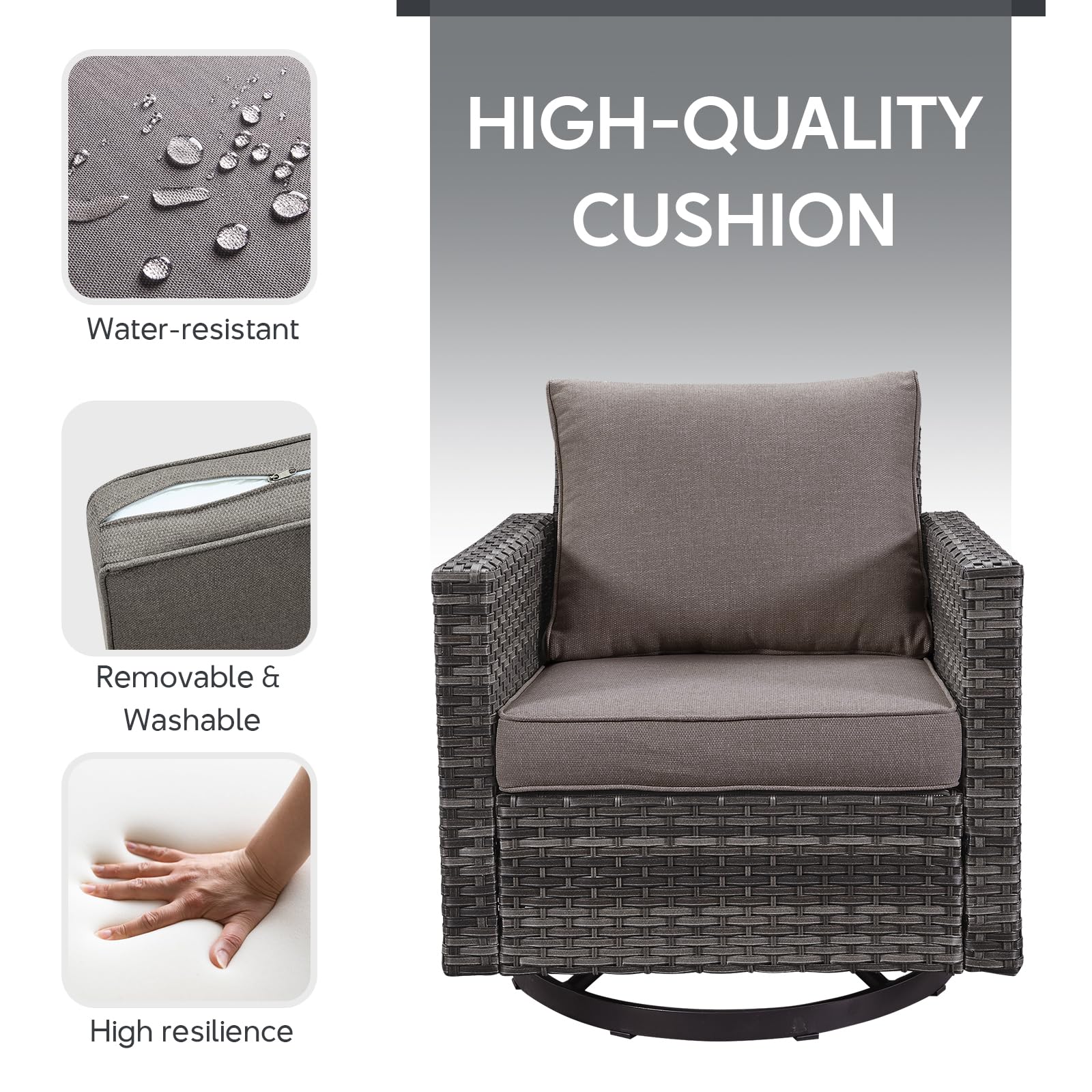 Heavy Duty Wicker Swivel Rocking Chairs Set of 2 - 350LBS Max Load Outdoor Patio Furniture for Porch, Balcony, Deck & Poolside - Grey/Grey - Perfect for Relaxing, Entertaining & Outdoor Lounging