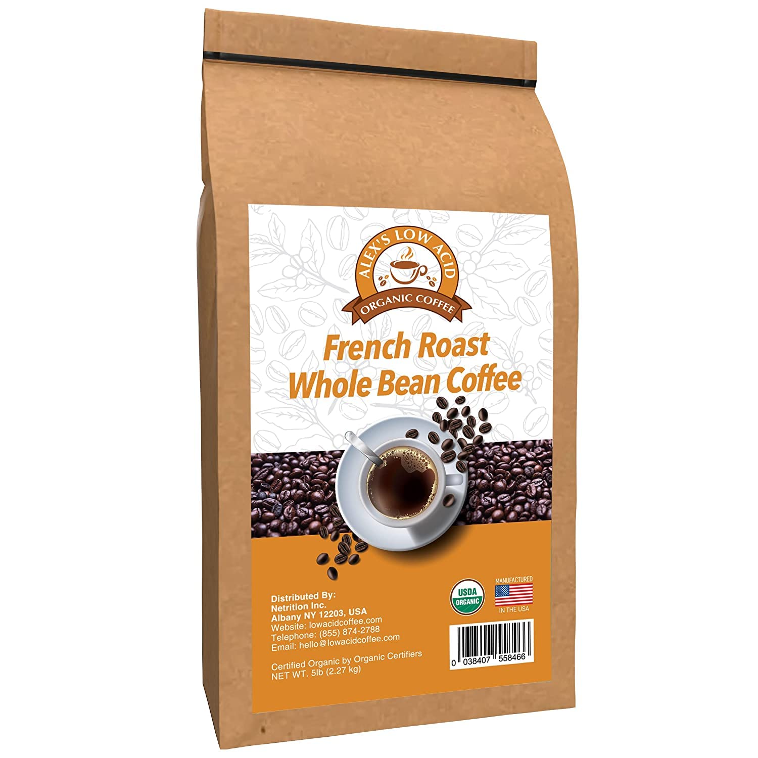 Organic Low Acid Coffee Beans - 5lb Whole Bean French Roast for Sensitive Stomach | Premium Arabica Coffee for Home Brewing & Office Use