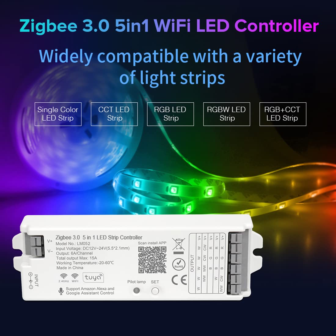 BTF-LIGHTING LM052 Tuya Zigbee 3.0 LED Controller - 5-in-1 RGB RGBW RGBCCT PWM Dimmer for LED Strips, Compatible with Amazon Echo Plus/4th Gen, Philips Hue Bridge & Smart Home Systems (WR01RF WR02RF) - Perfect for Home Theater Lighting, Bedroom Ambience & DIY Projects