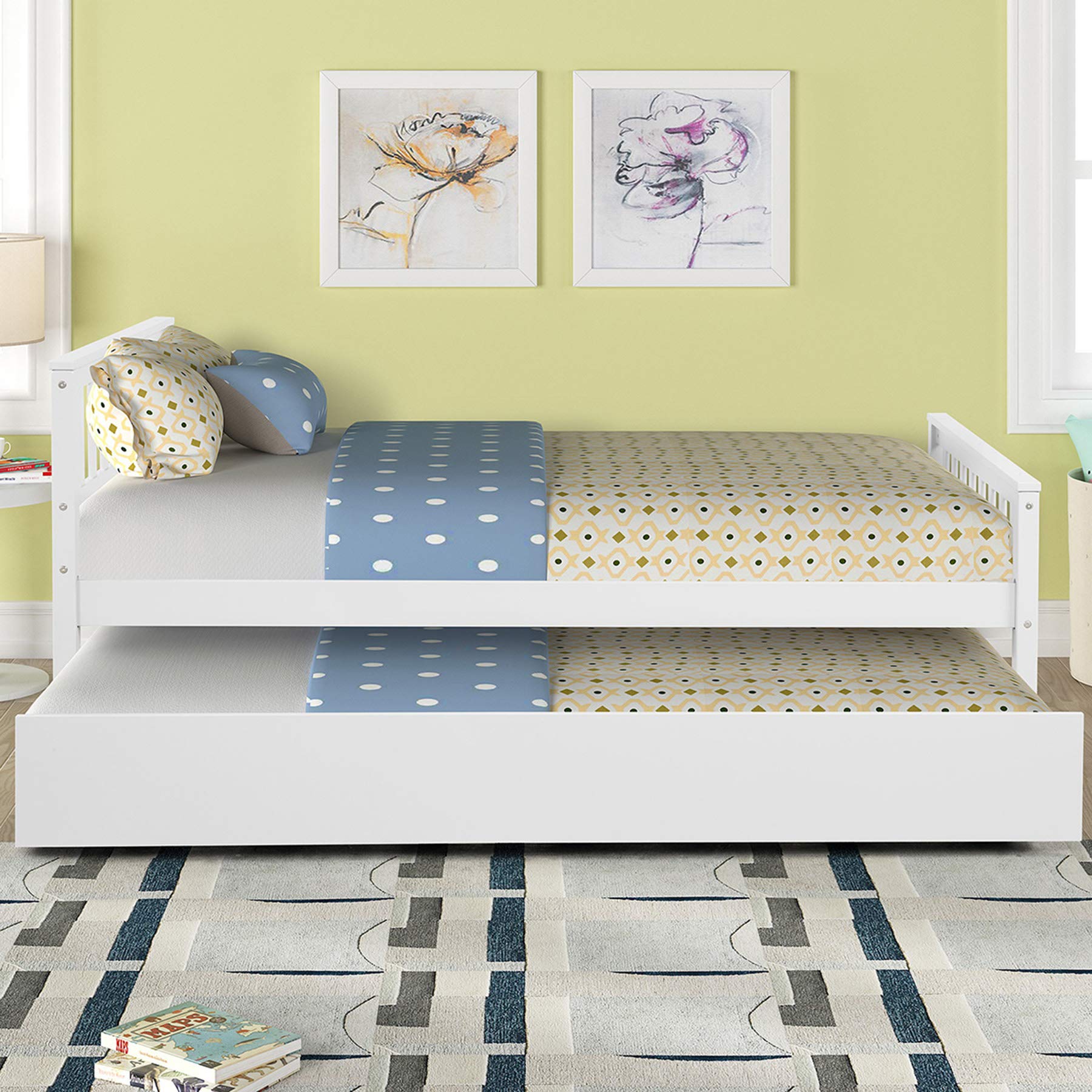Solid Wood Twin Bed Frame with Trundle - Platform Bed with Headboard & Footboard, Wood Slat Support No Box Spring Needed - Perfect for Small Bedrooms, Guest Rooms & Studio Apartments