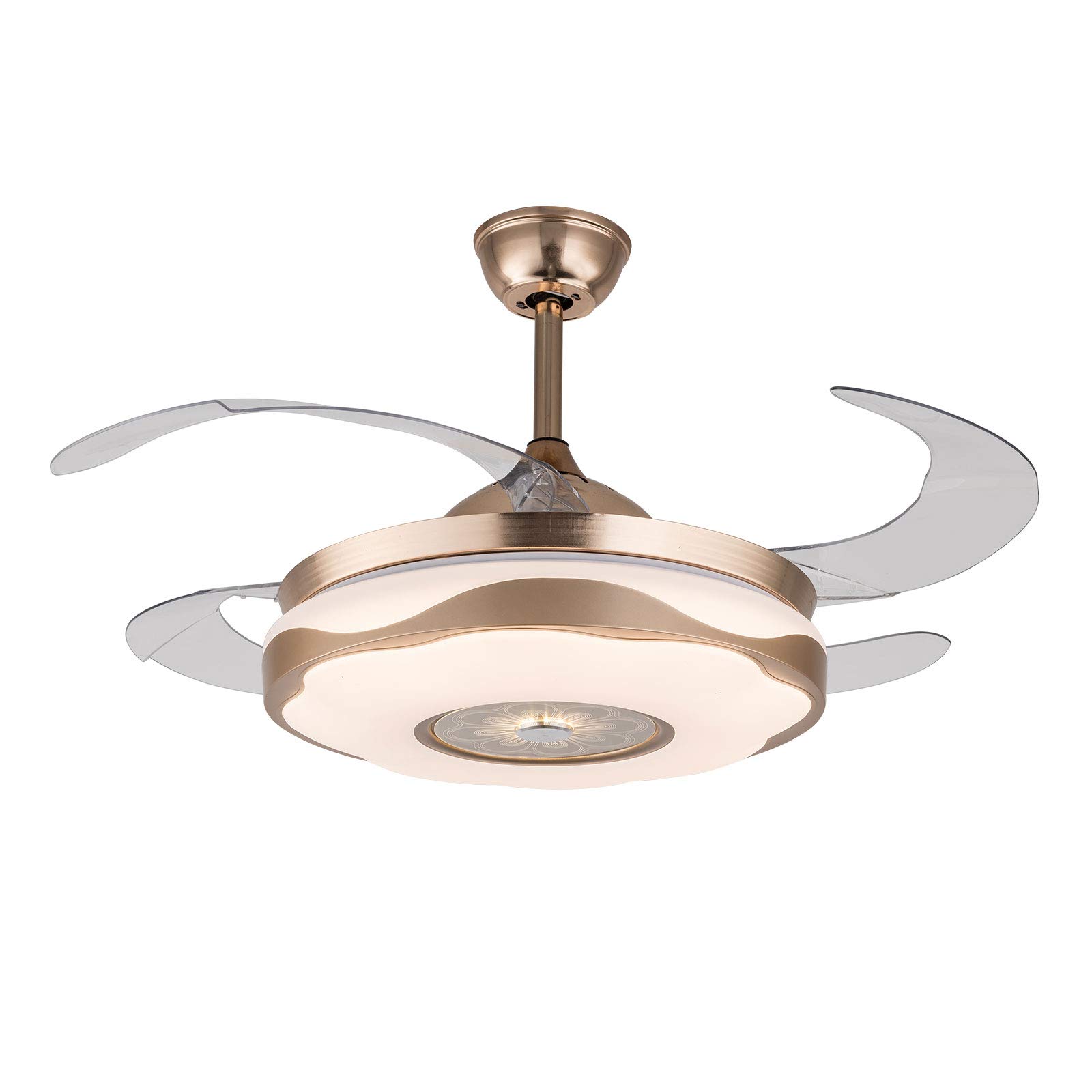 42 Inch Ceiling Fan with Light Remote Control, Adjustable Height Fan Chandelier - 4 Retractable Blades, Acrylic Shade, Timer Function, Gold Finish for Living Room, Bedroom & Home Decor
