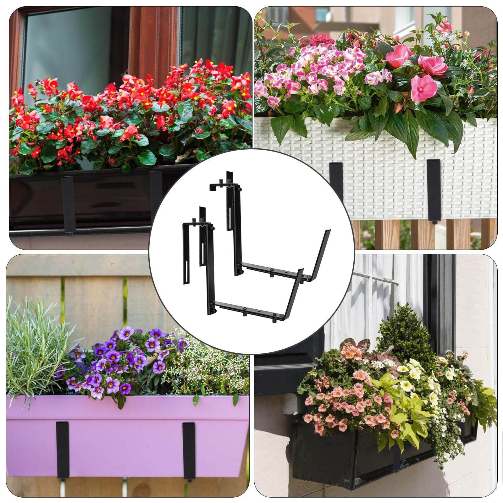 2 Pack Heavy Duty Adjustable Planter Box Brackets for Deck Railing - 6-12.5 Inch Window Box Holders for Brick Sill, Fence & Balcony - Outdoor Garden Flower Pot Hangers for Patio, Porch & Backyard Decor (Black)