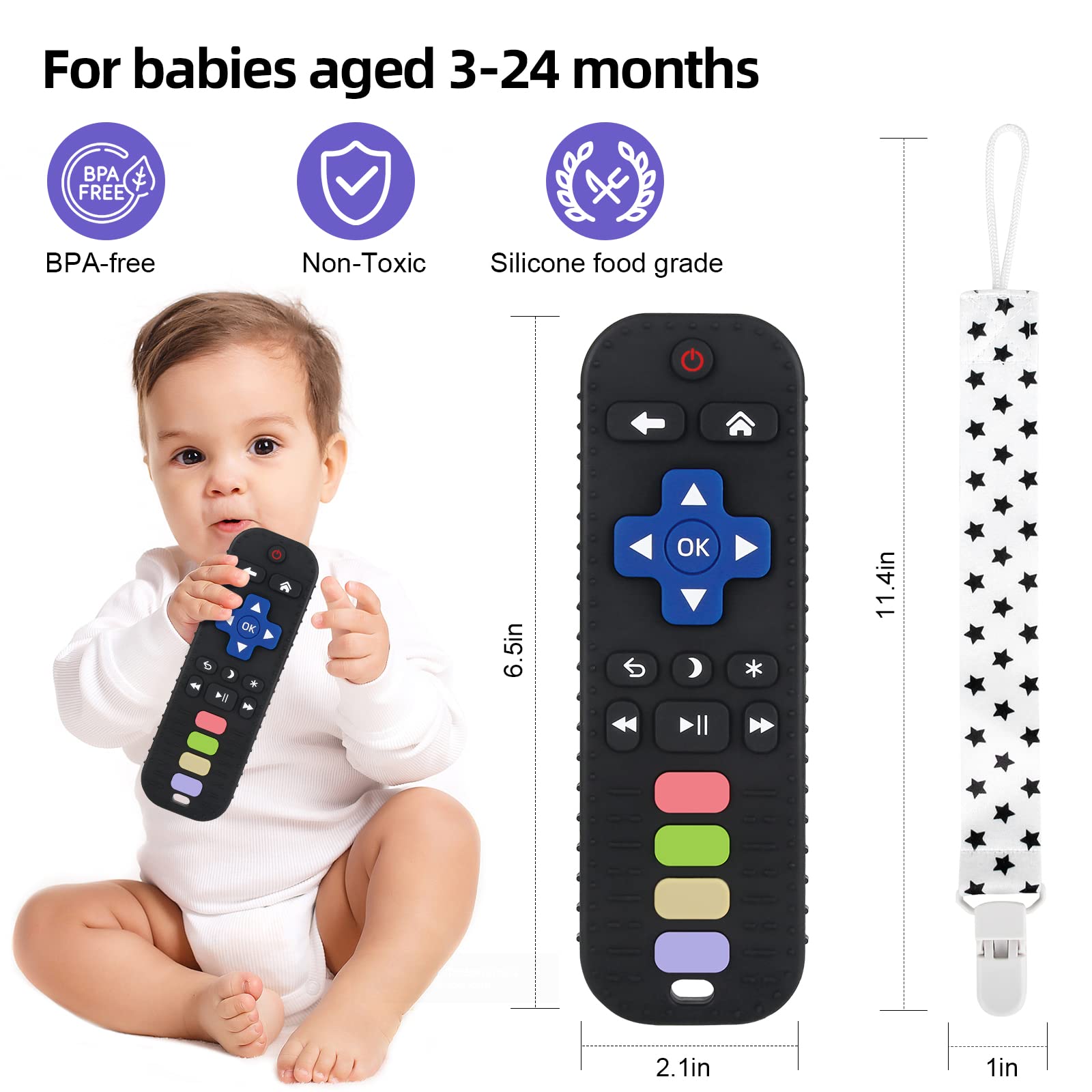 Chuya Baby Teether Toy - Safe Chew Toy for Infants 3-24 Months, TV Remote Control Shape for Teething Relief, Black - Perfect for Home, Travel, and Daycare Use